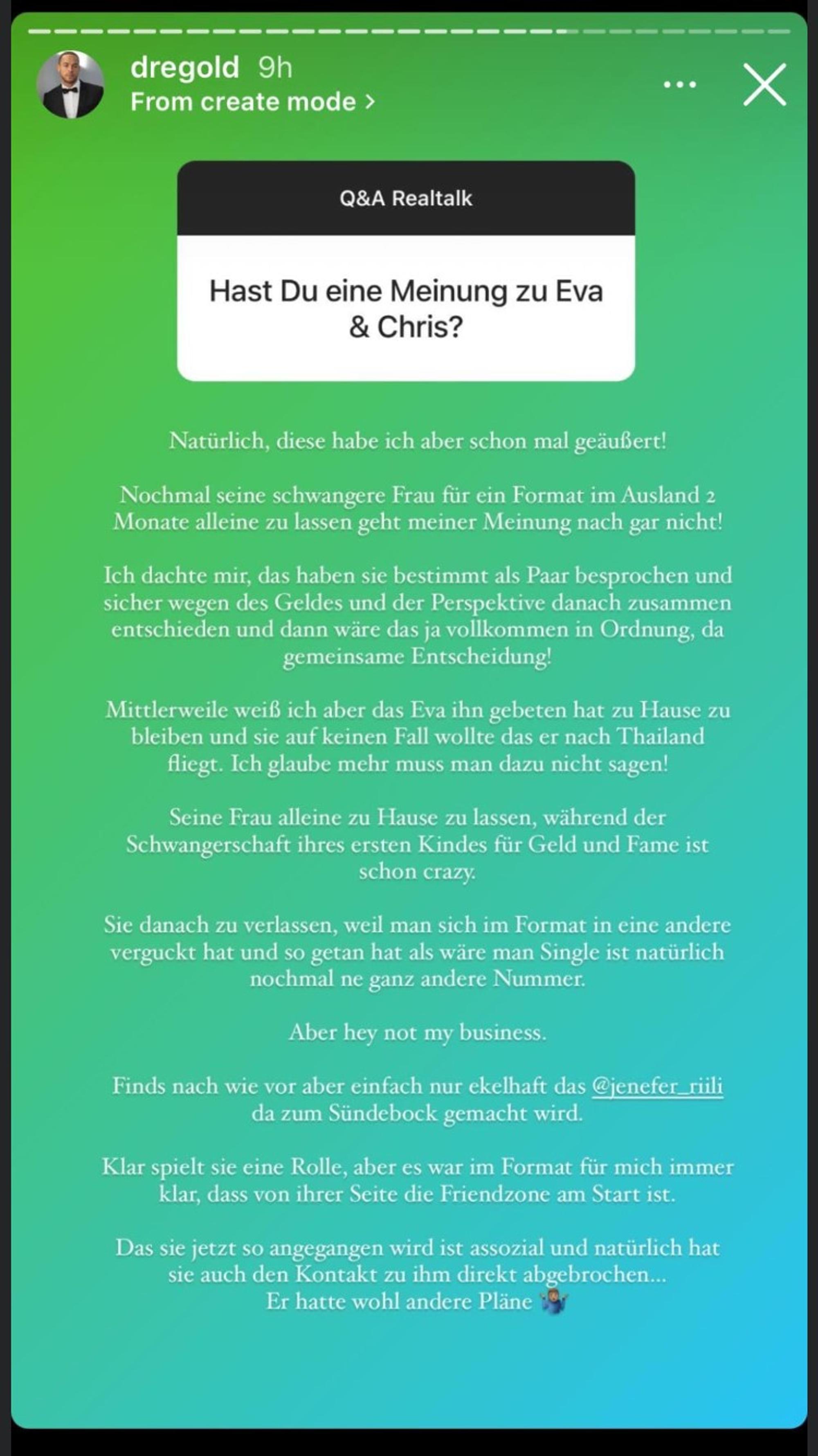 Andrej Mangold postete dieses Stateent am 14. Juni 2021 auf Instagram. Er bezieht klar Stellung zu Eva und Chris: „Seine schwangere Frau für ein Format im Ausland für zwei Monate allein zu lassen, geht meiner Meinung nach gar nicht“.
