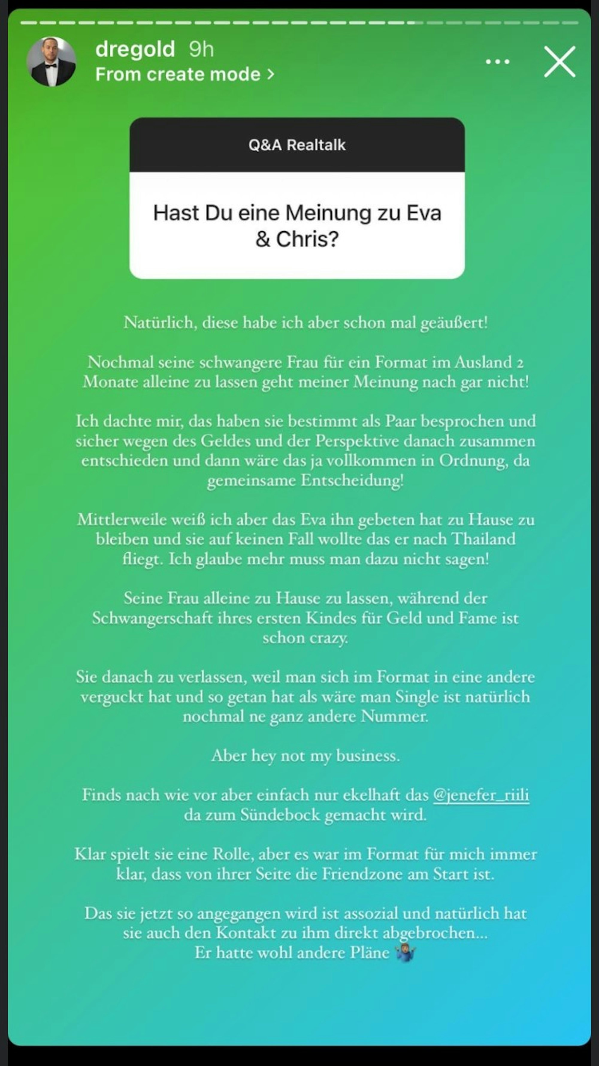 Andrej Mangold postete dieses Stateent am 14. Juni 2021 auf Instagram. Er bezieht klar Stellung zu Eva und Chris: „Seine schwangere Frau für ein Format im Ausland für zwei Monate allein zu lassen, geht meiner Meinung nach gar nicht“.