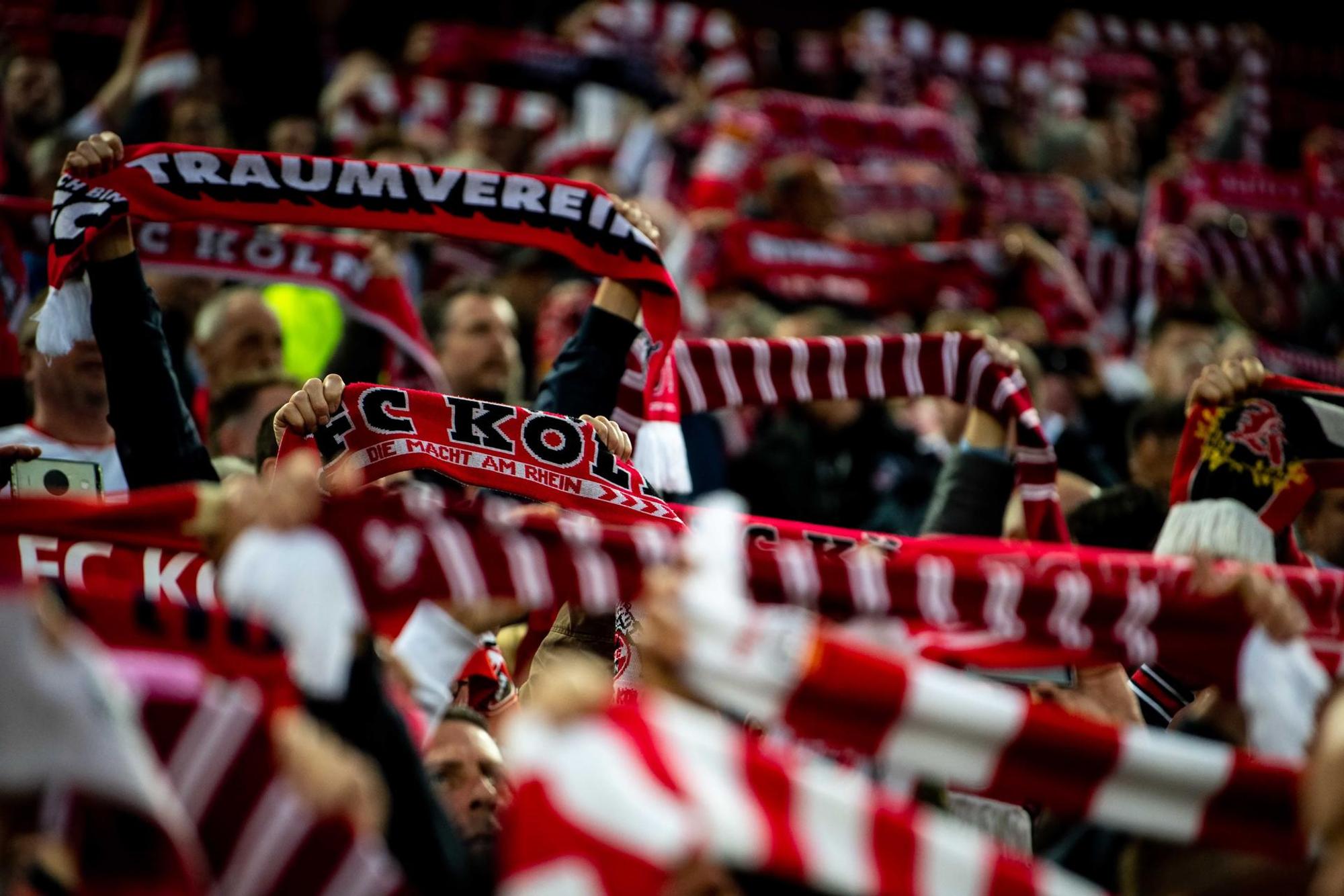 Fans des 1. FC Köln stehen auf der Tribüne