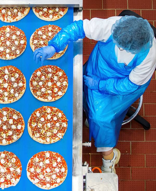 Arbeiterinnen stehen an einem Laufband und kontrollieren vorbeifahrende Pizzen.