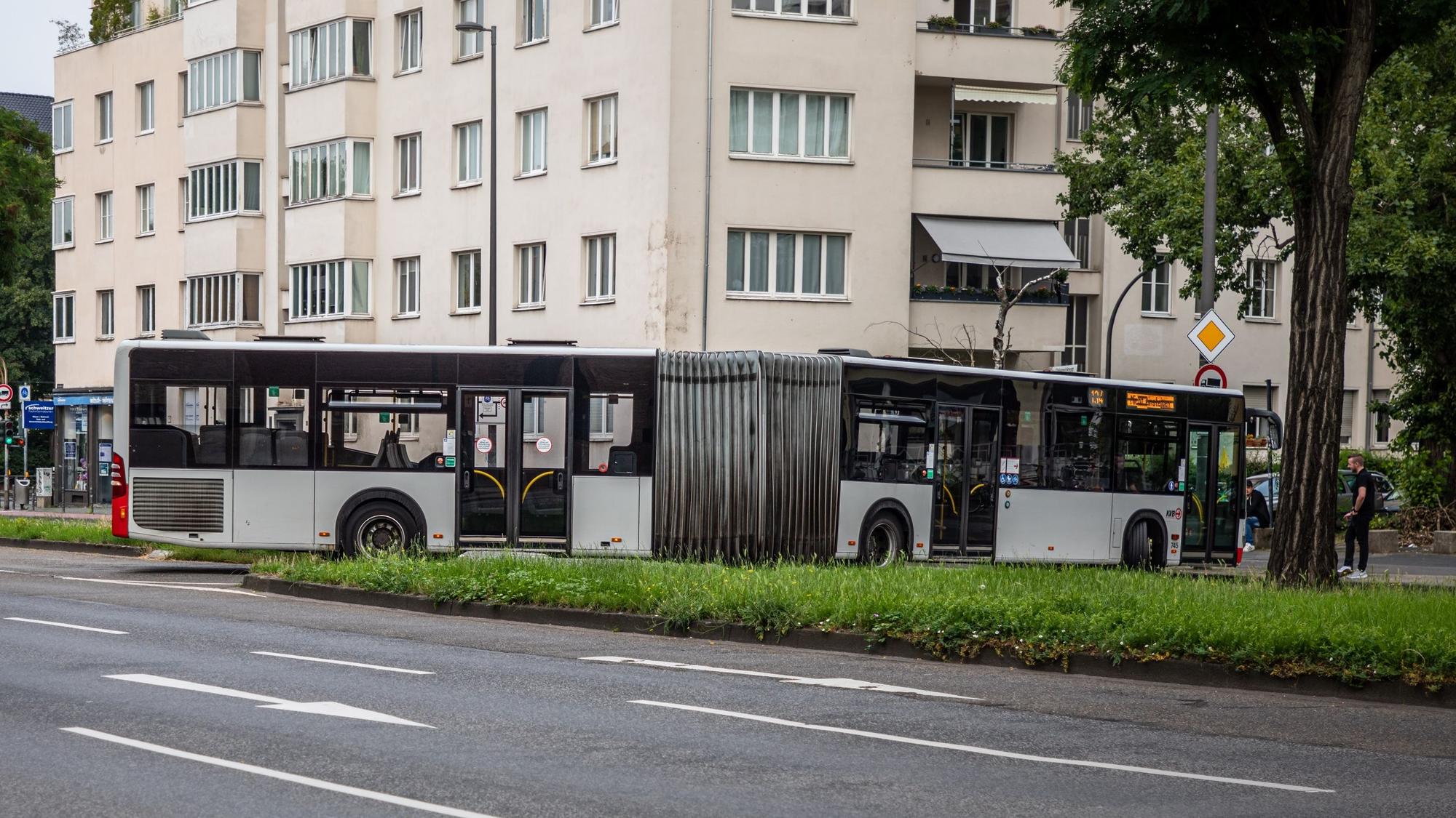 Ein Bus der Kölner Verkehrsbetriebe (KVB) blockiert die Universitätsstraße in Fahrtrichtung Nord kurz vor der Zülpicher Straße.