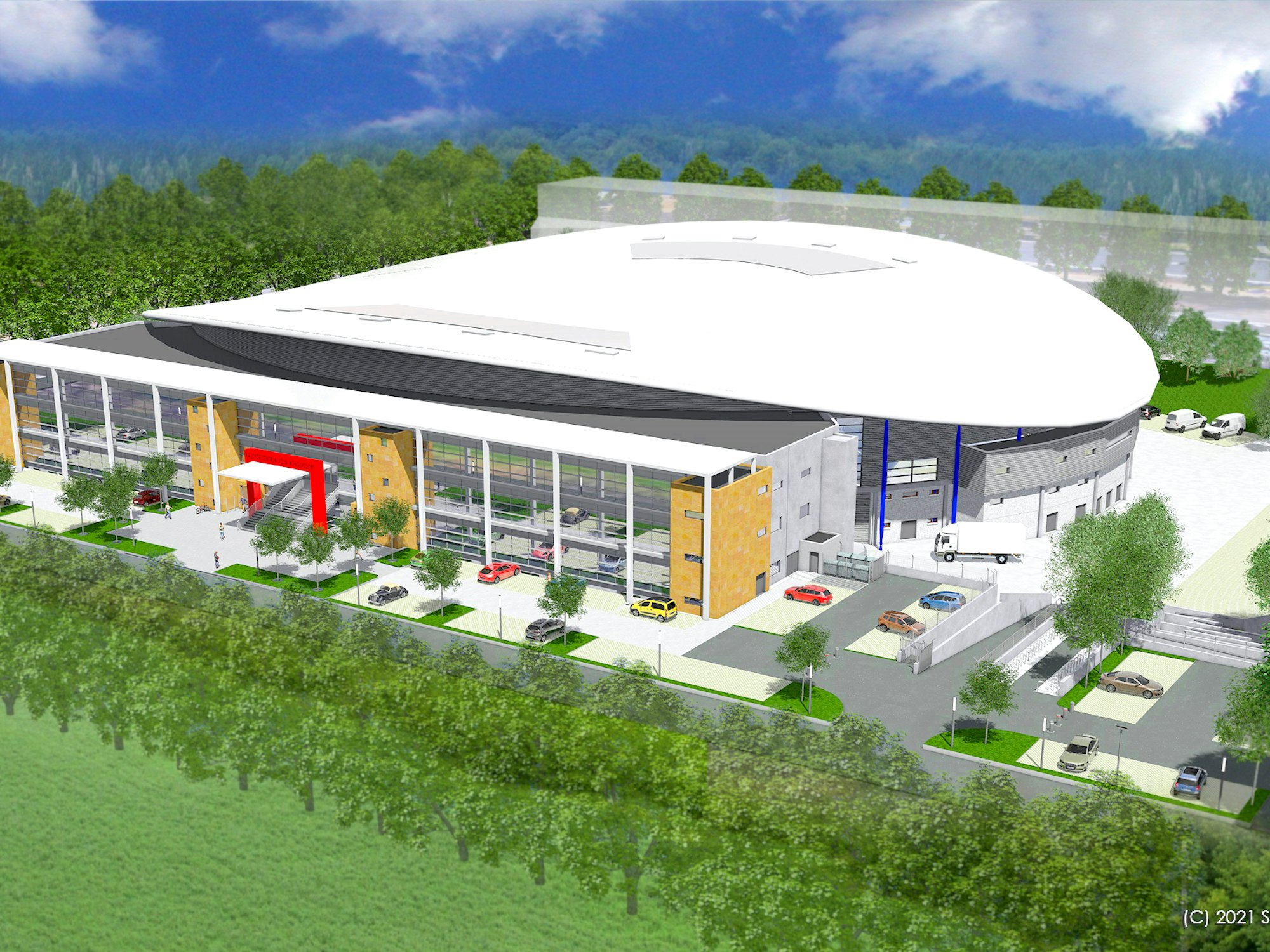 So wird das neue Radsportzentrum NRW in Köln nach Umbau des alten Radstadions 2024 von außen aussehen.