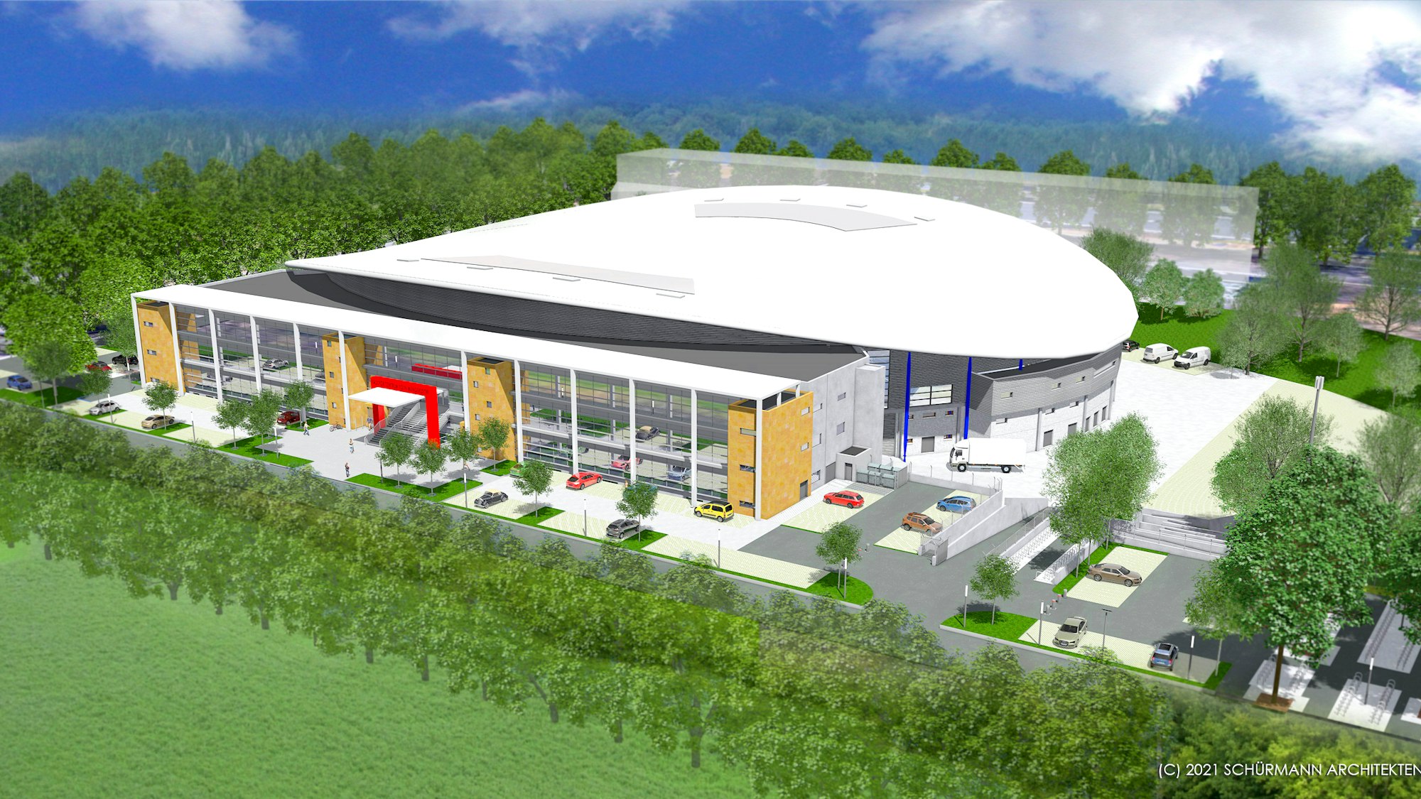 So wird das neue Radsportzentrum NRW in Köln nach Umbau des alten Radstadions 2024 von außen aussehen.