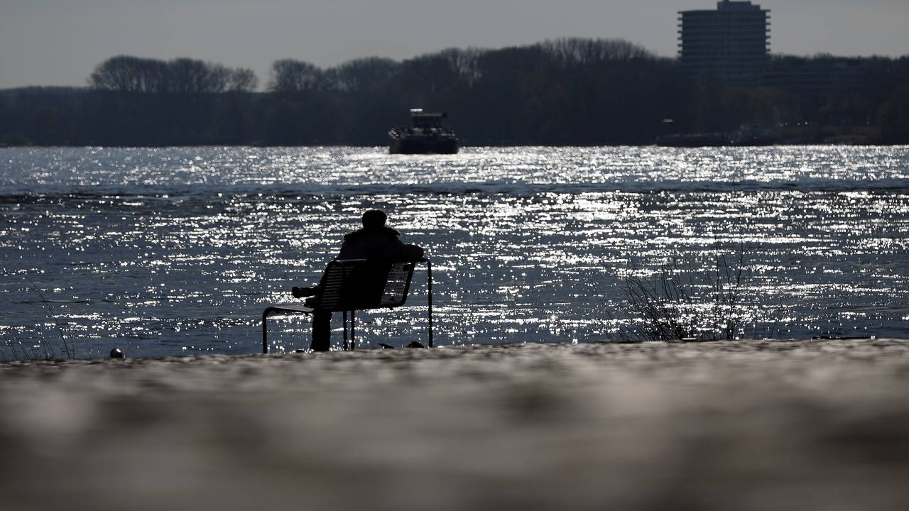 Ein Mann sitzt auf einer Bank am Rheinufer in der Sonne.
