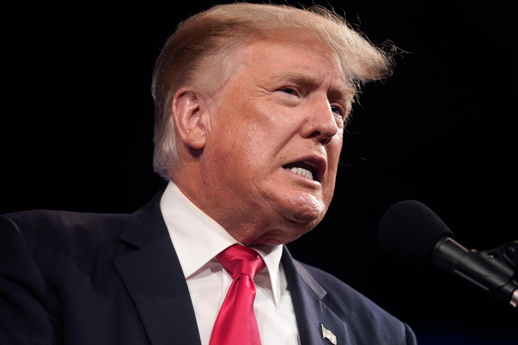 Former president Donald Trump speaks at the Conservative Political Action Conference (CPAC) Sunday, July 11, 2021, in Dallas. (AP Photo/LM Otero)