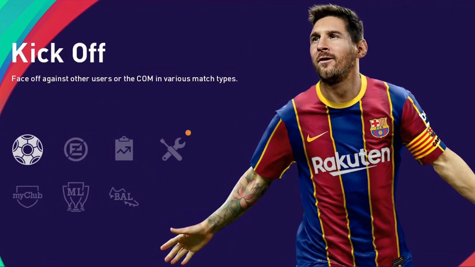 Ein Screenshot zeigt das Hauptmenü der Fußballsimulation Pro Evolution Soccer (PES) 2021.