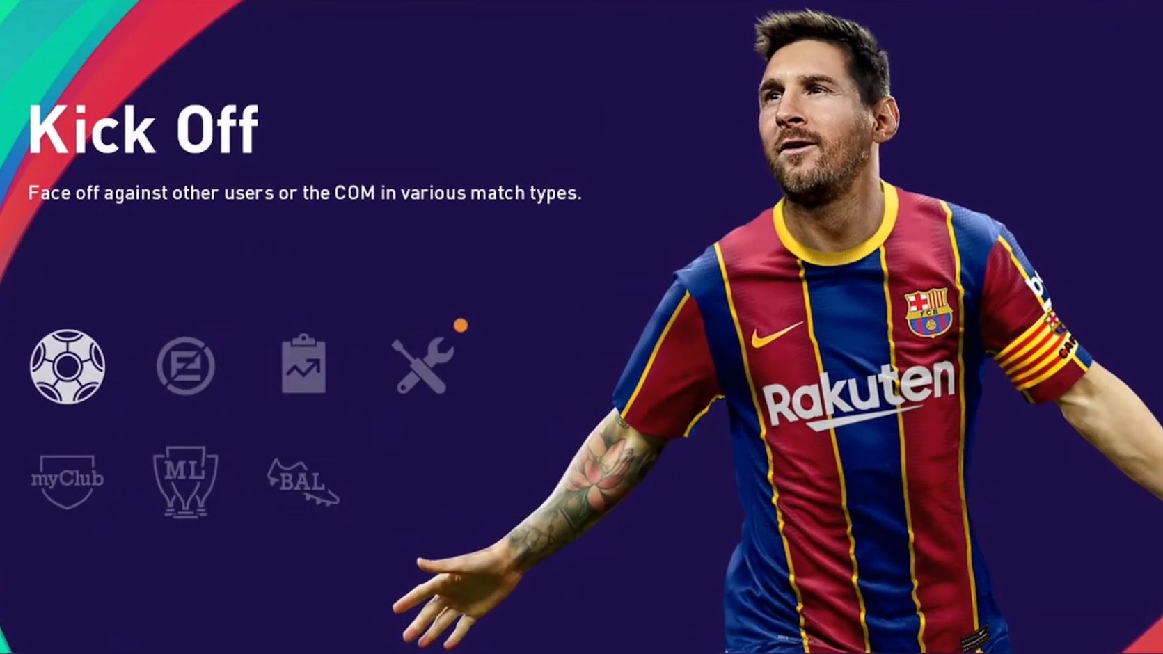 Ein Screenshot zeigt das Hauptmenü der Fußballsimulation Pro Evolution Soccer (PES) 2021.