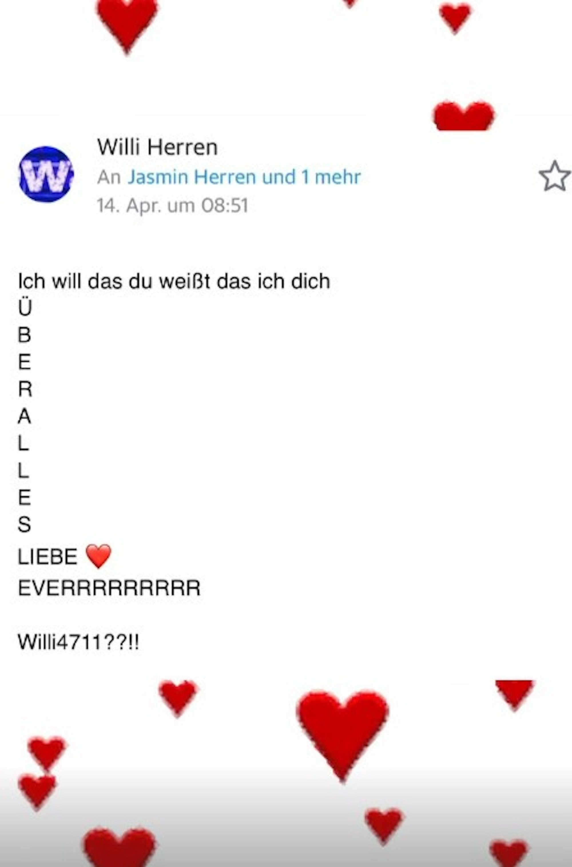 Am 24. Juli hat Jasmin Herren in ihrer Instagram-Story das Foto einer Liebesbotschaft gepostet, die ihr seinerzeit Ehemann Willi Herren geschickt hatte.