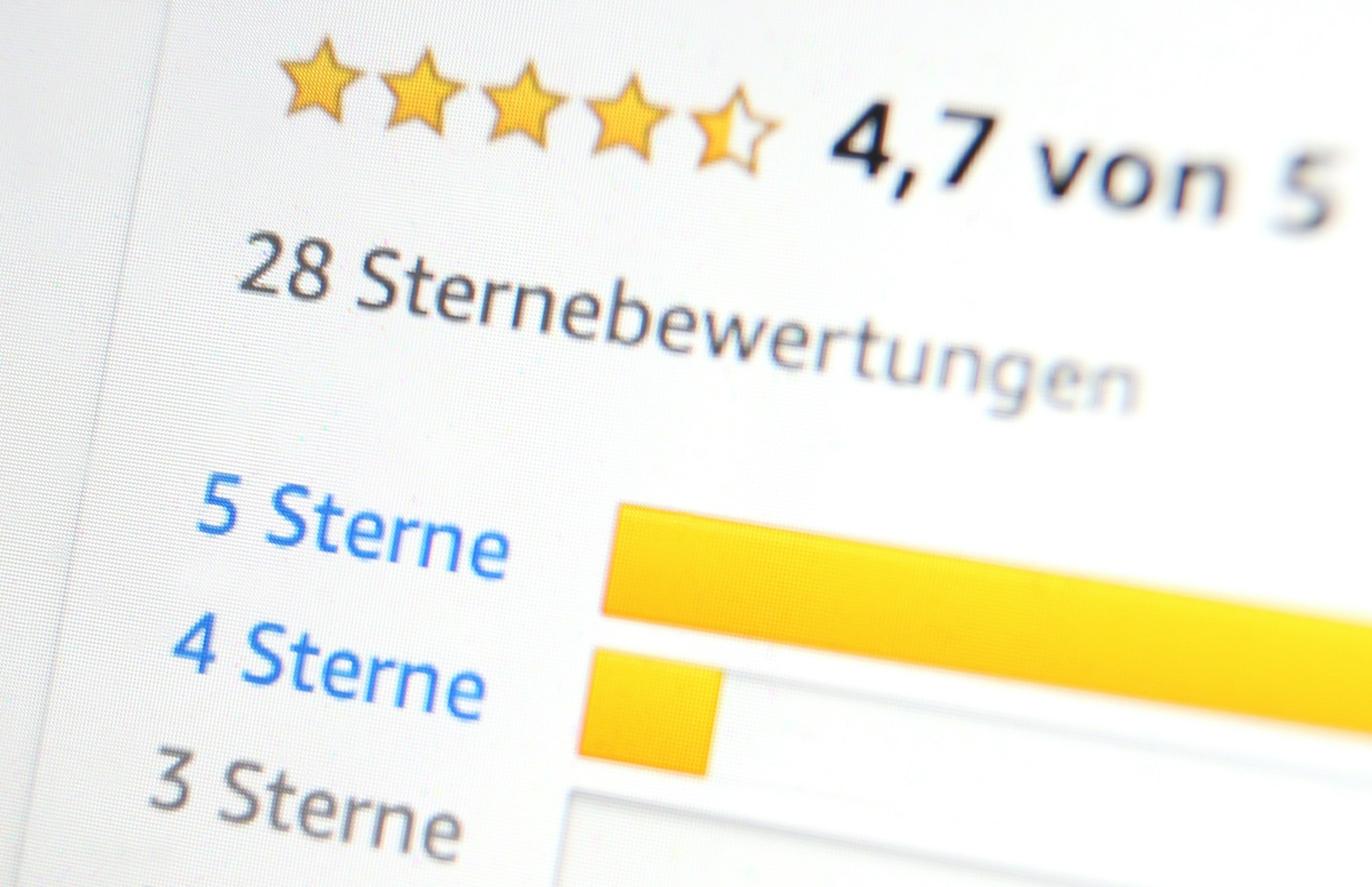 Das Foto zeigt Bewertungen mit 5 Sternen für ein Online-Produkt.