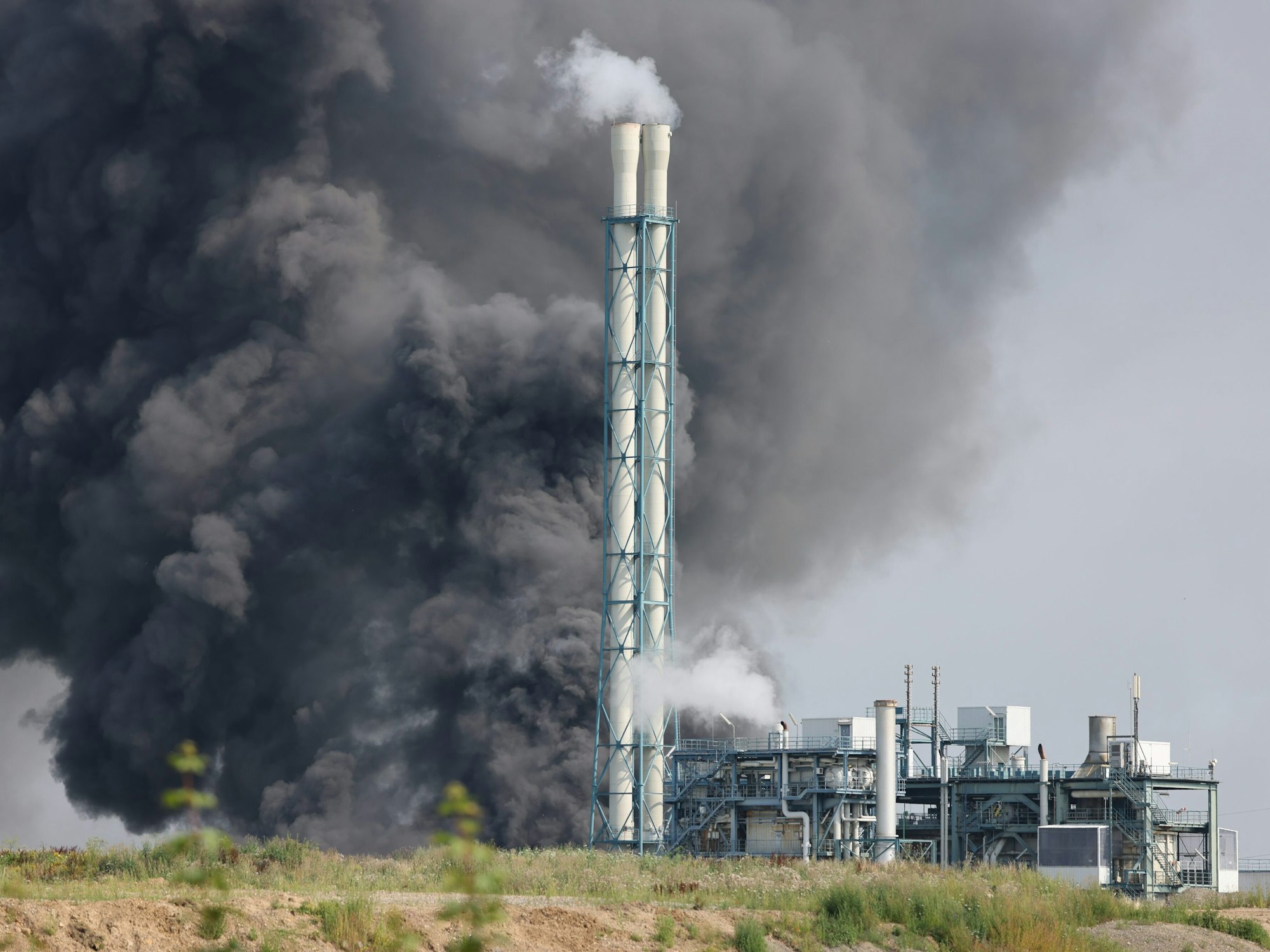 Die riesige Rauchwolke über der Müllverbrennungsanlage des Chempark in Leverkusen-Bürrig.