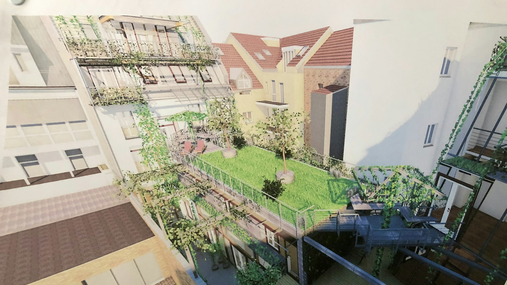 Eine Animation des Innenhofes, der vollkommen begrünt ist.