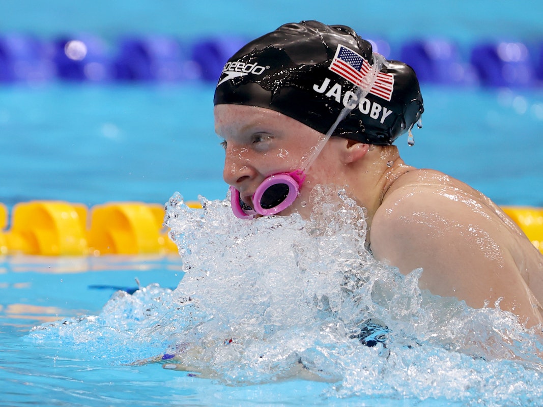 Schwimmen: Olympia, Mixed, 4 x 100 m Lagen, Finale im Tokyo Aquatics Centre. Staffel USA mit Lydia Jacoby in Aktion. +++ dpa-Bildfunk +++
