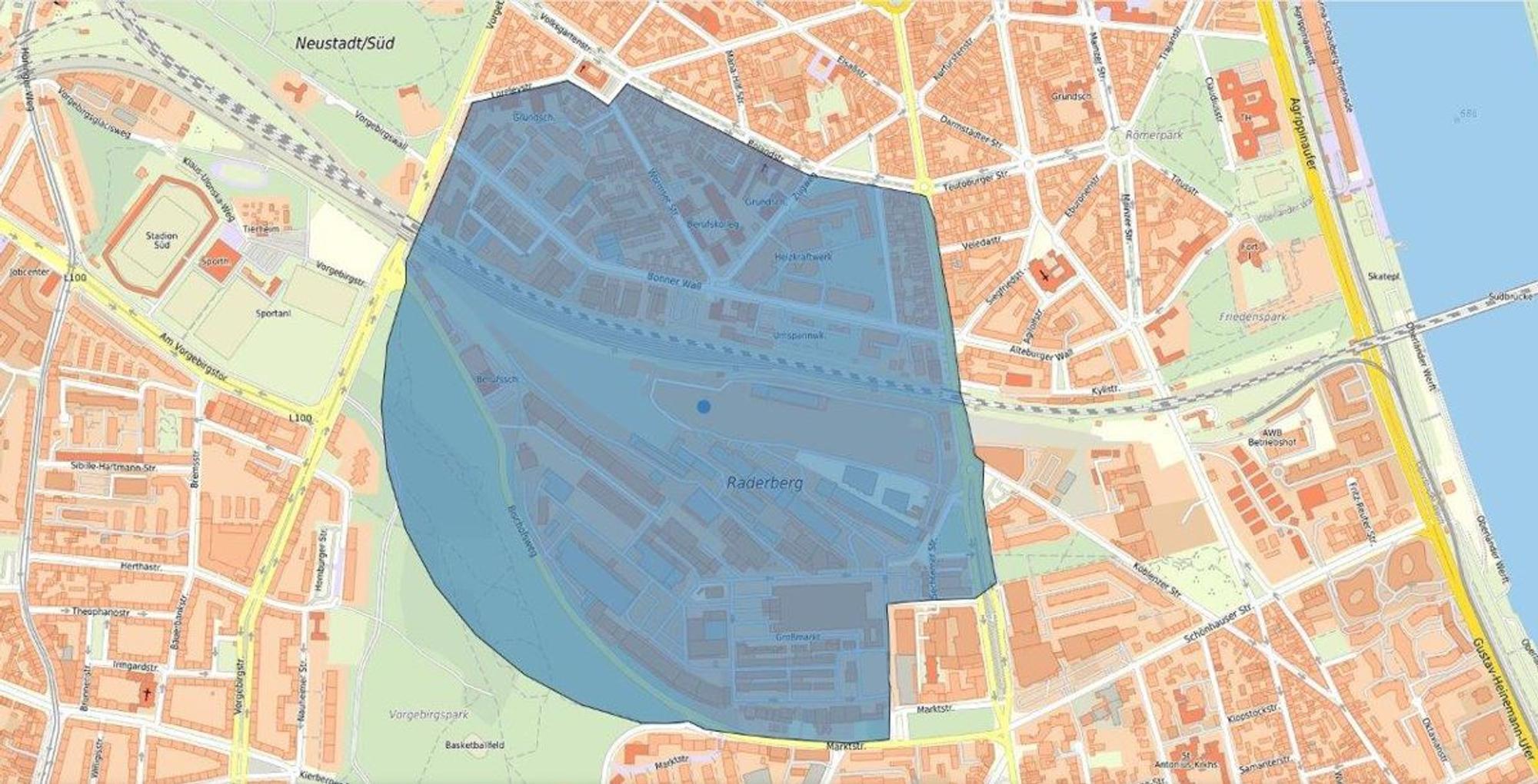 Der Evakuierungsbereich zur Bombe in Köln-Raderberg am 2. August 2021.