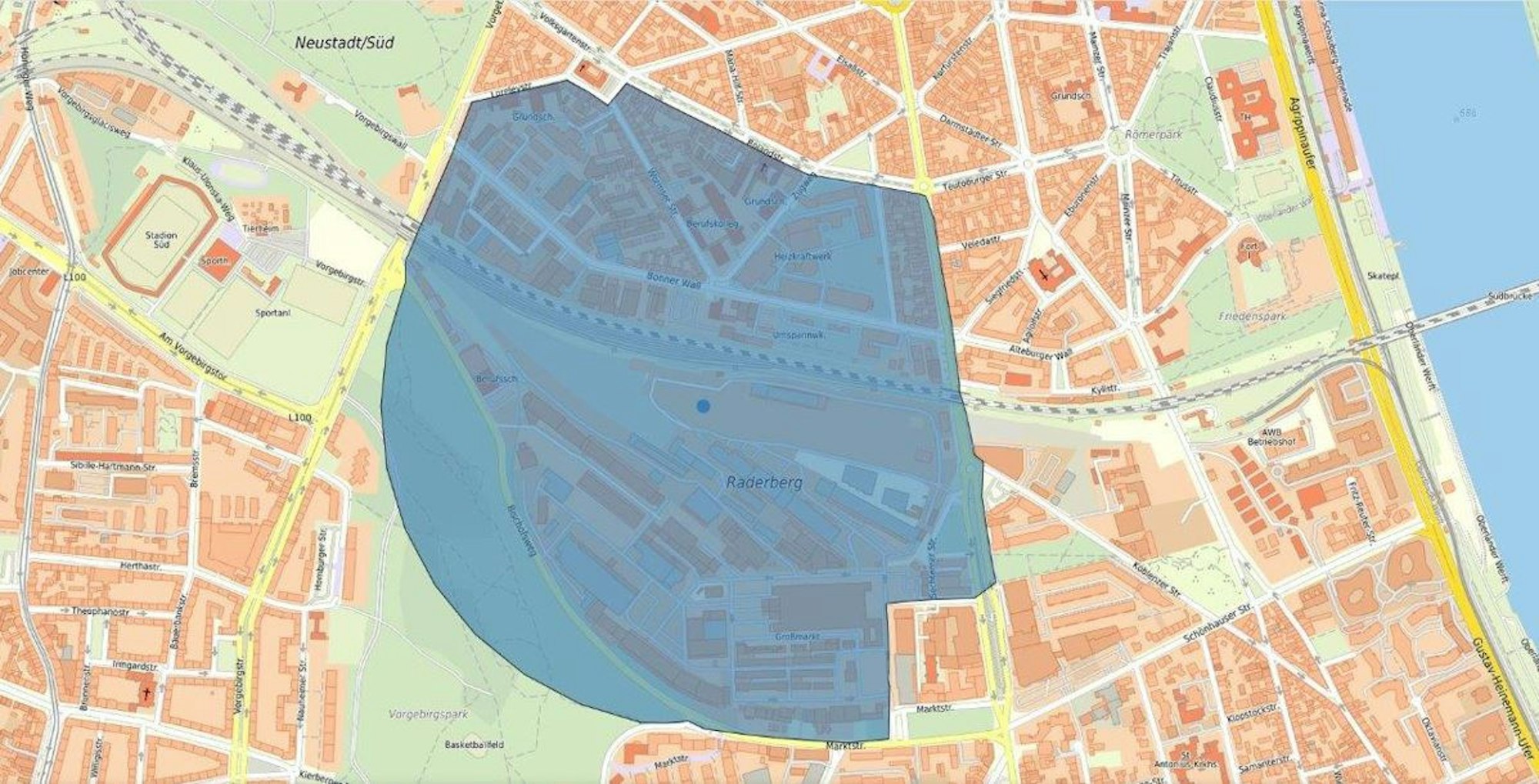 Der Evakuierungsbereich zur Bombe in Köln-Raderberg am 2. August 2021.