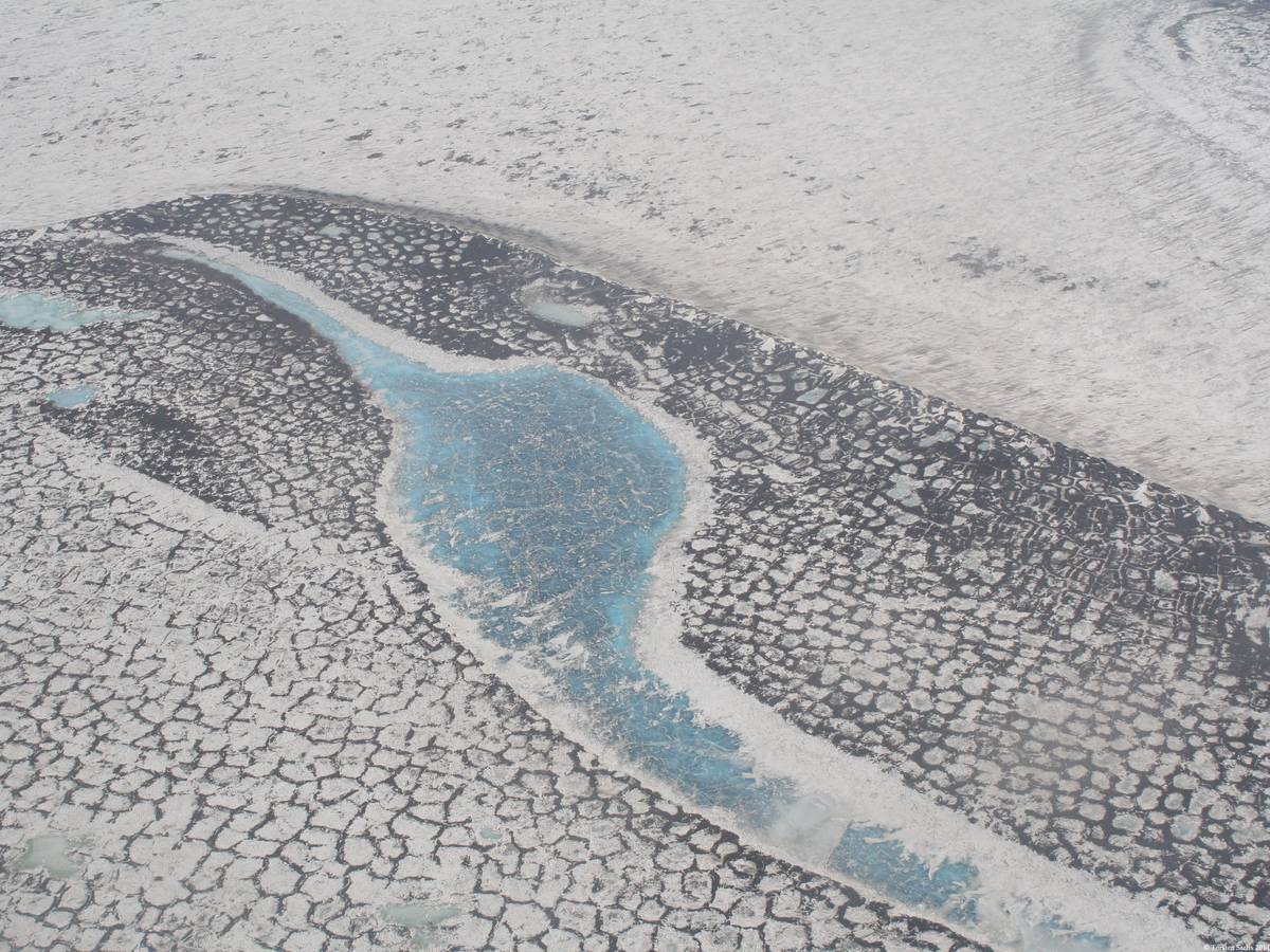 Luftaufnahme der russischen Tundra im Lena-Delta, die das typische Muster der Permafrostgebiete zeigt.
