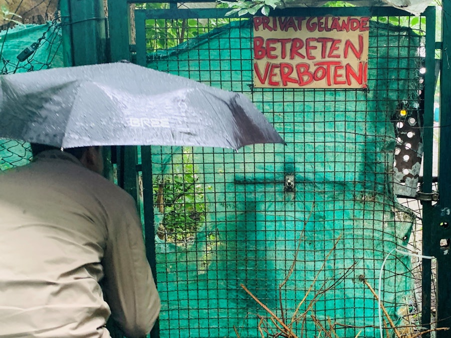 Ein Anwohner in Köln-Poll schaut durch einen Schlitz im Zaun.