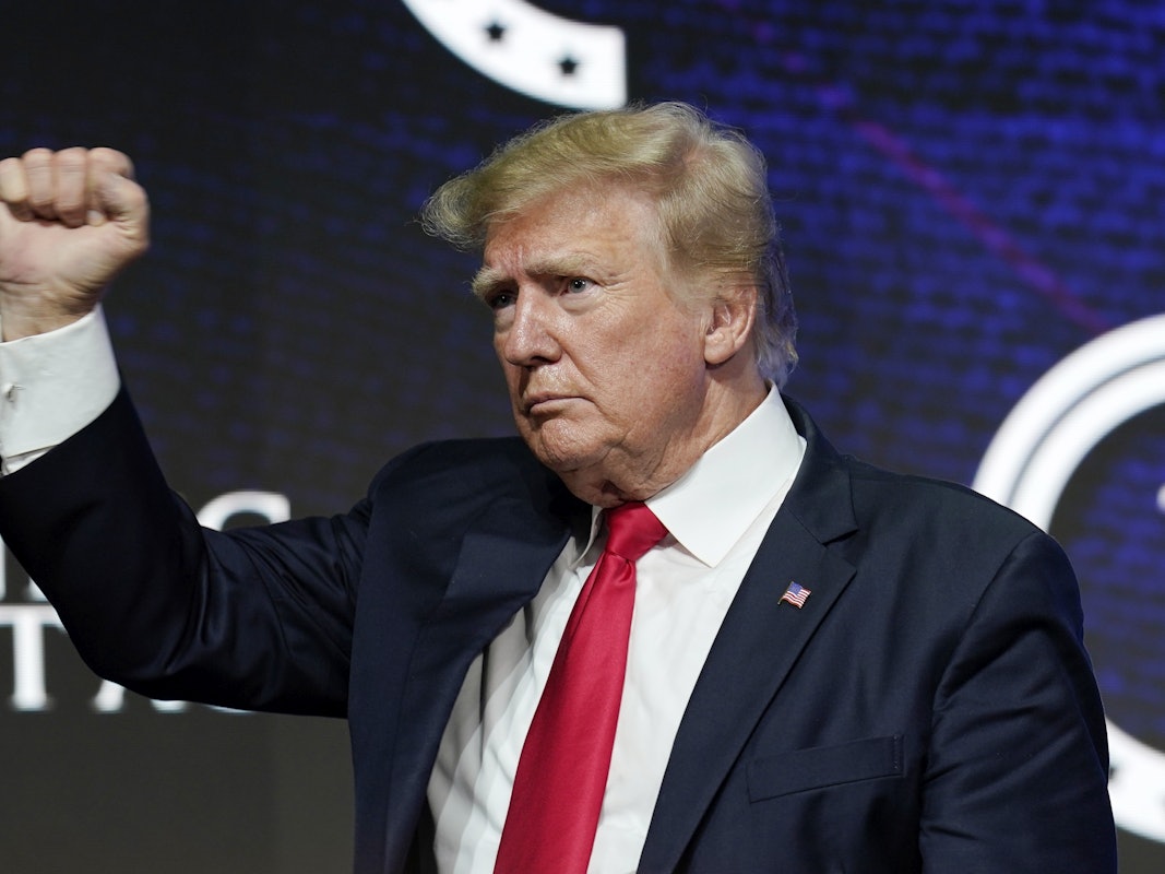 Donald Trump, ehemaliger Präsident der USA, hebt seine Faust bei einer Veranstaltung.