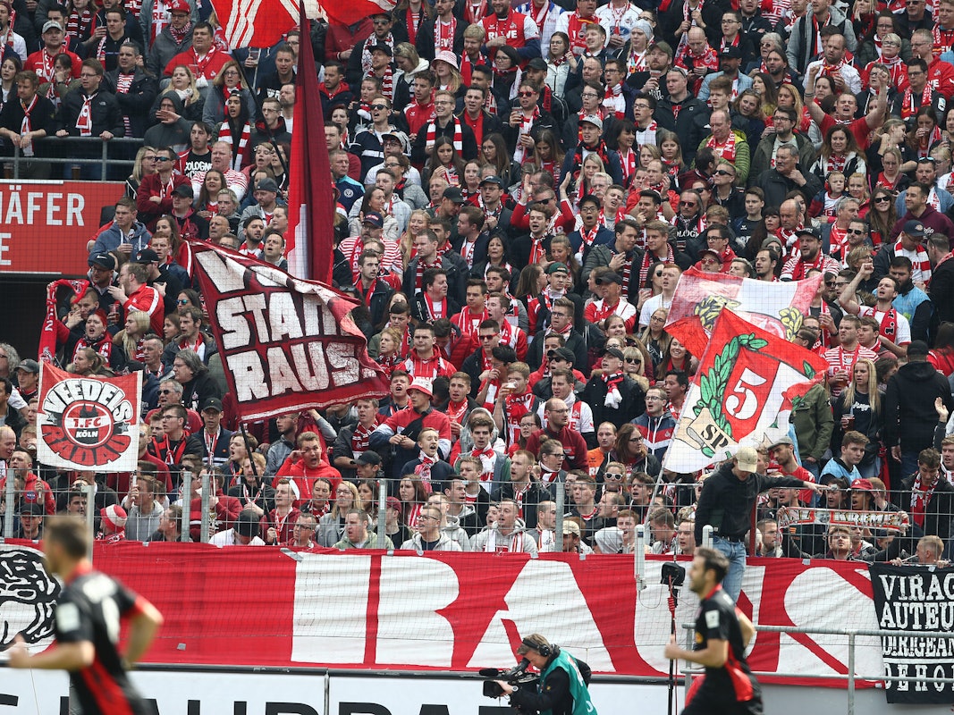 Fans auf der vollbesetzten Südtribüne im Rhein-Energie-Stadion in Köln.