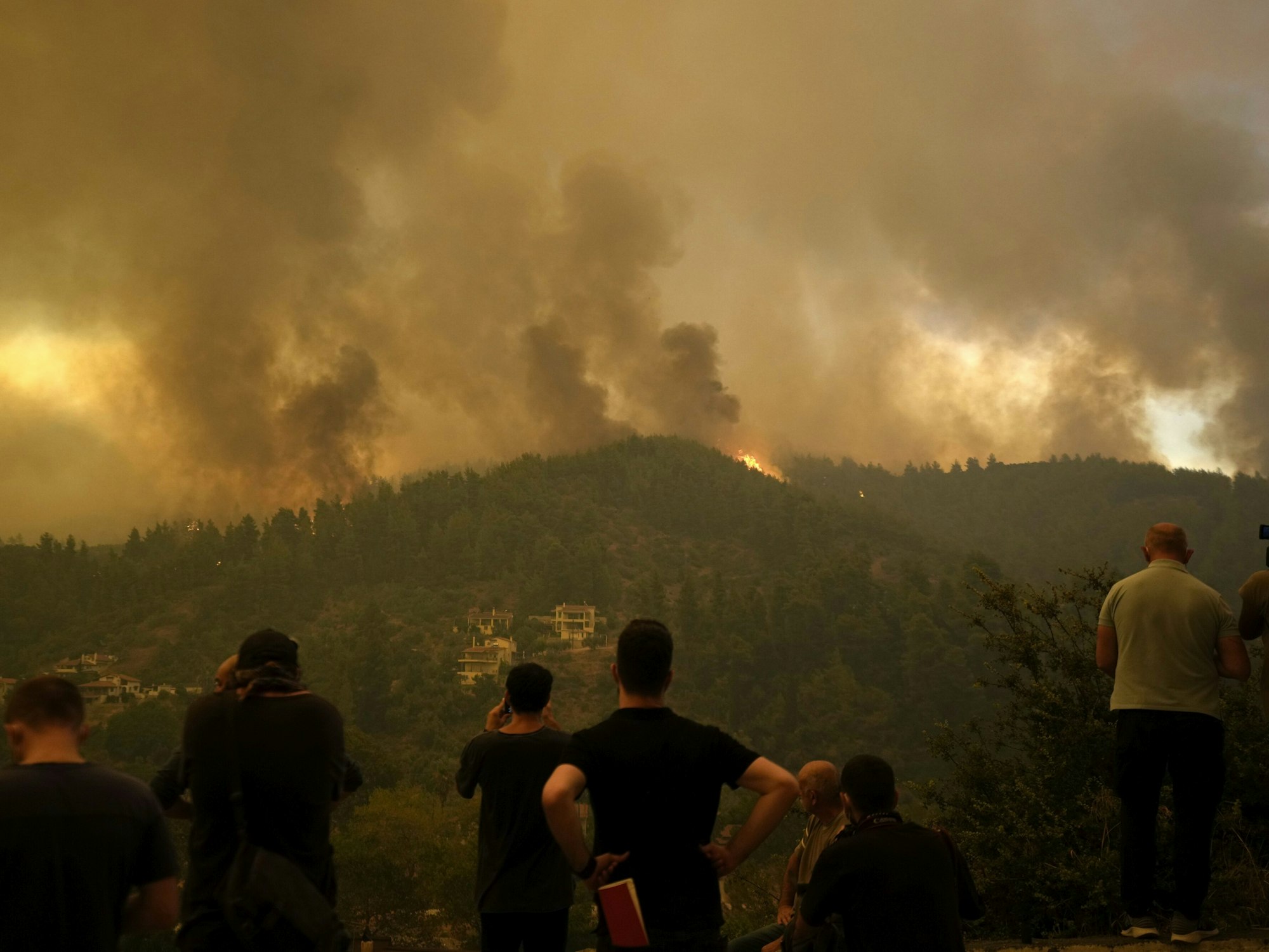 Gouves: Anwohner stehen auf einem Hügel, während sich dem Dorf Gouves auf der Insel Euböa, etwa 185 Kilometer nördlich von Athen, Flammen nähern.
