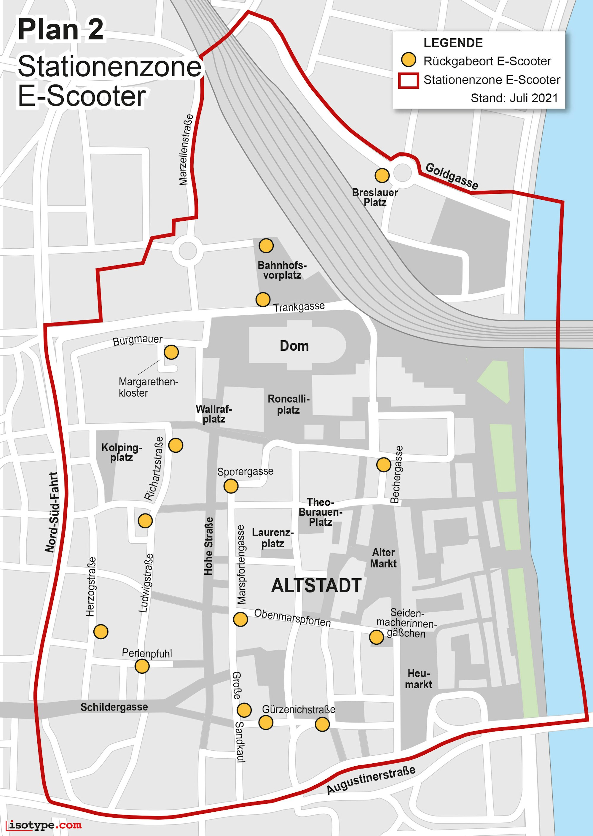 Die neuen festen Abgabeorte in der Kölner Alstadt in der Übersicht.