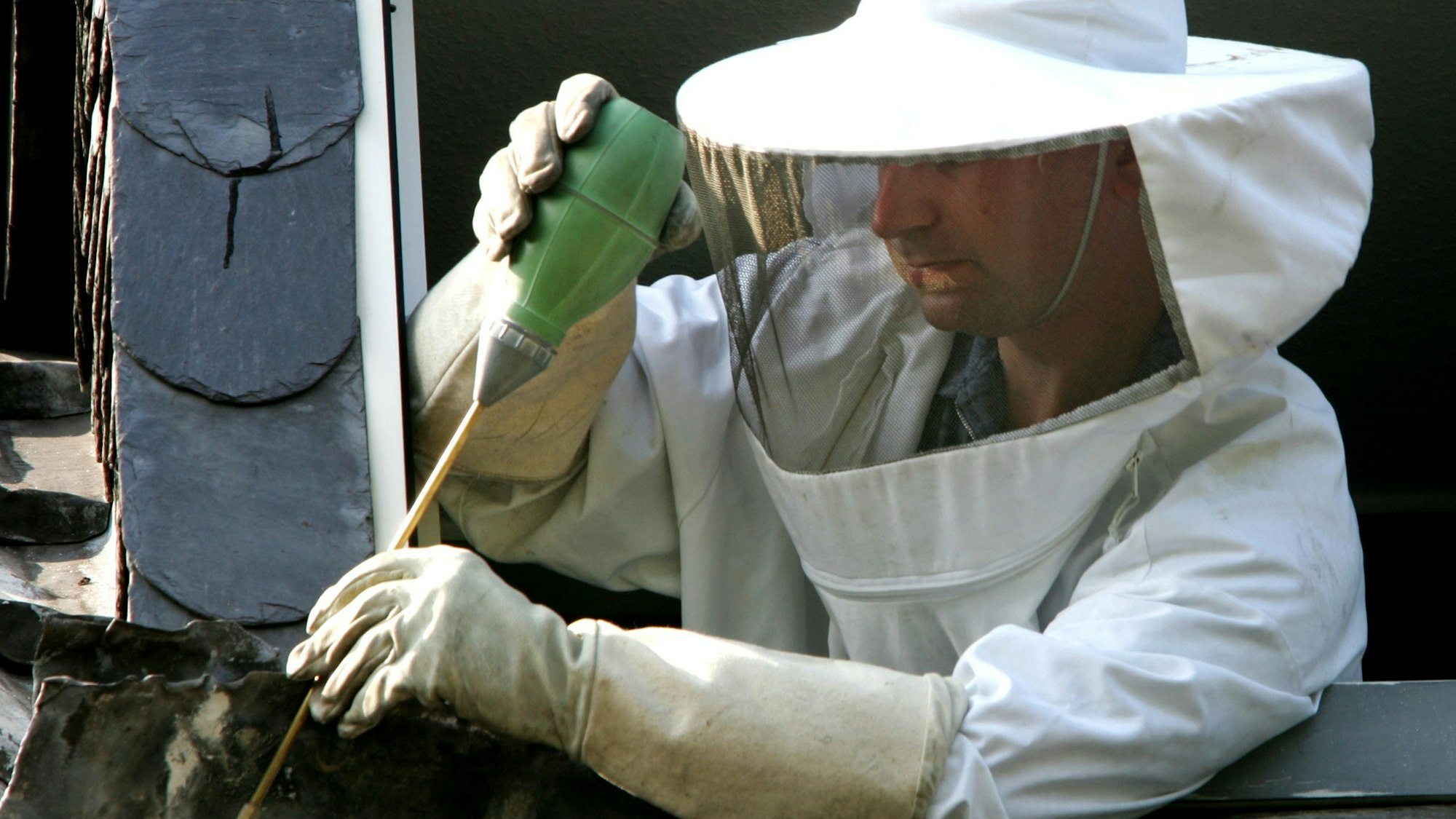 Das Foto zeigt einen Schädlingsbekämpfer bei der Arbeit.