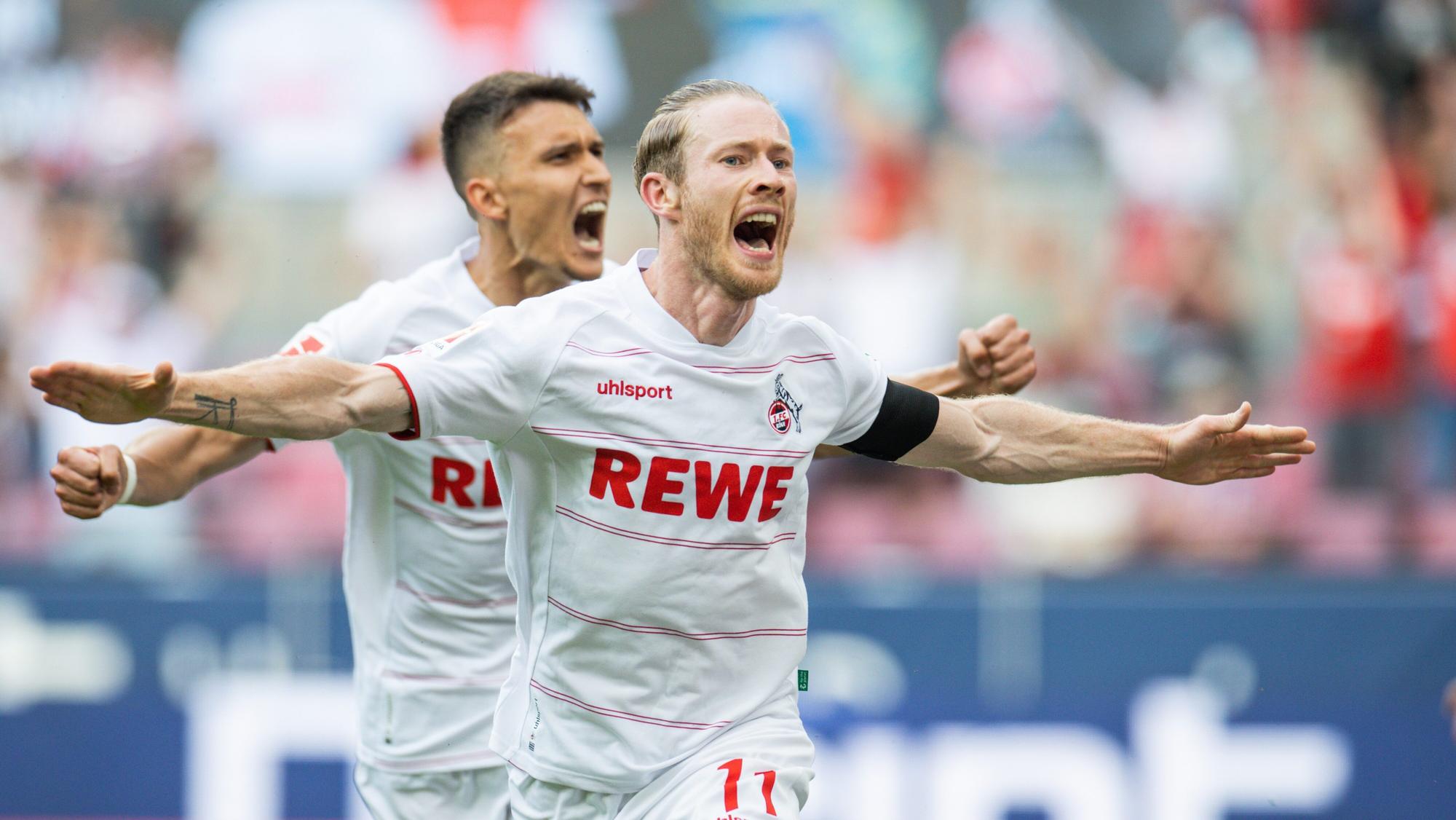 Florian Kainz vom 1. FC Köln feiert seinen ersten Treffer gegen Hertha BSC zur 2:1-Führung.