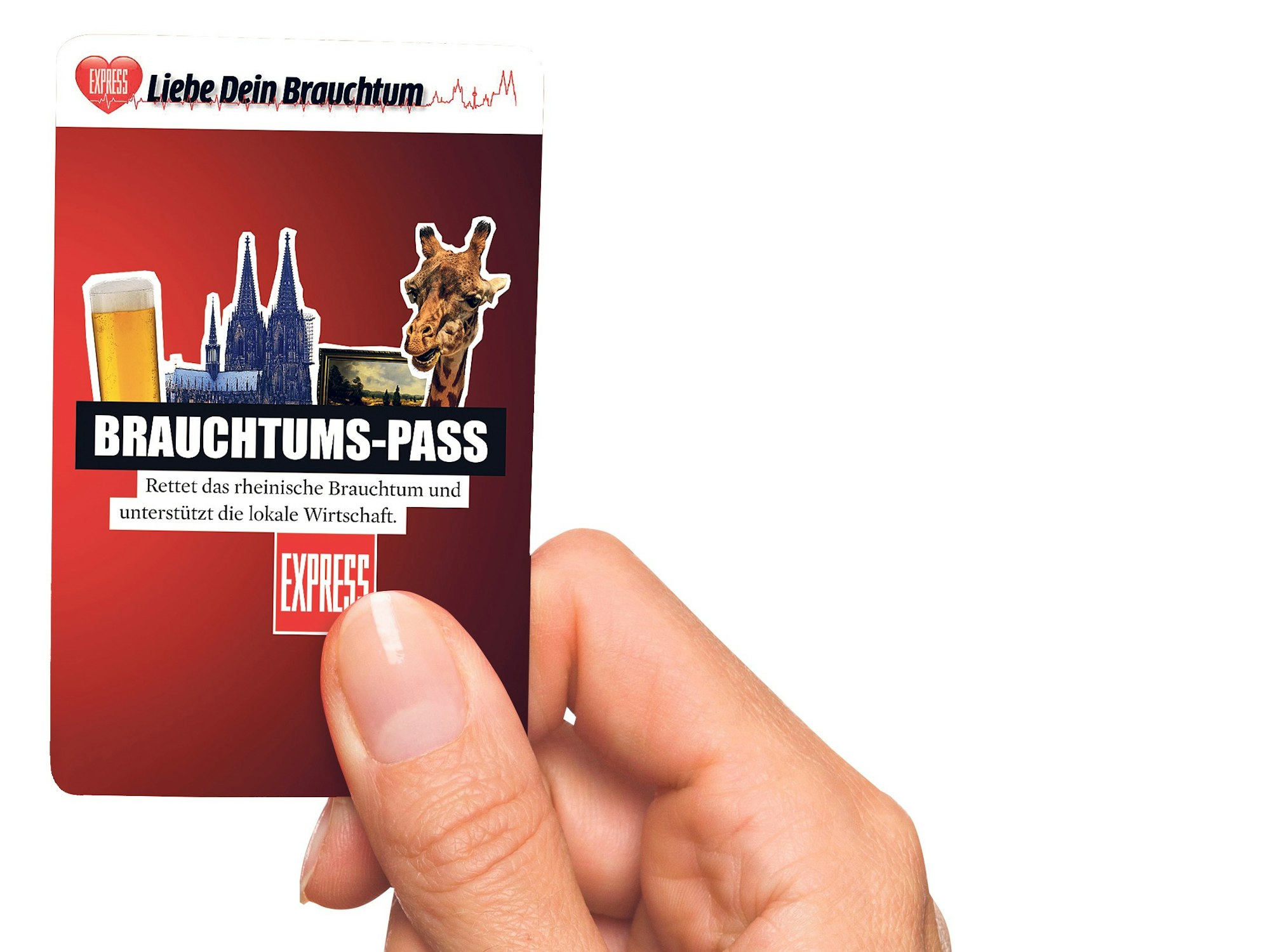 Eine Hand hält den Brauchtums-Pass für Köln hoch.