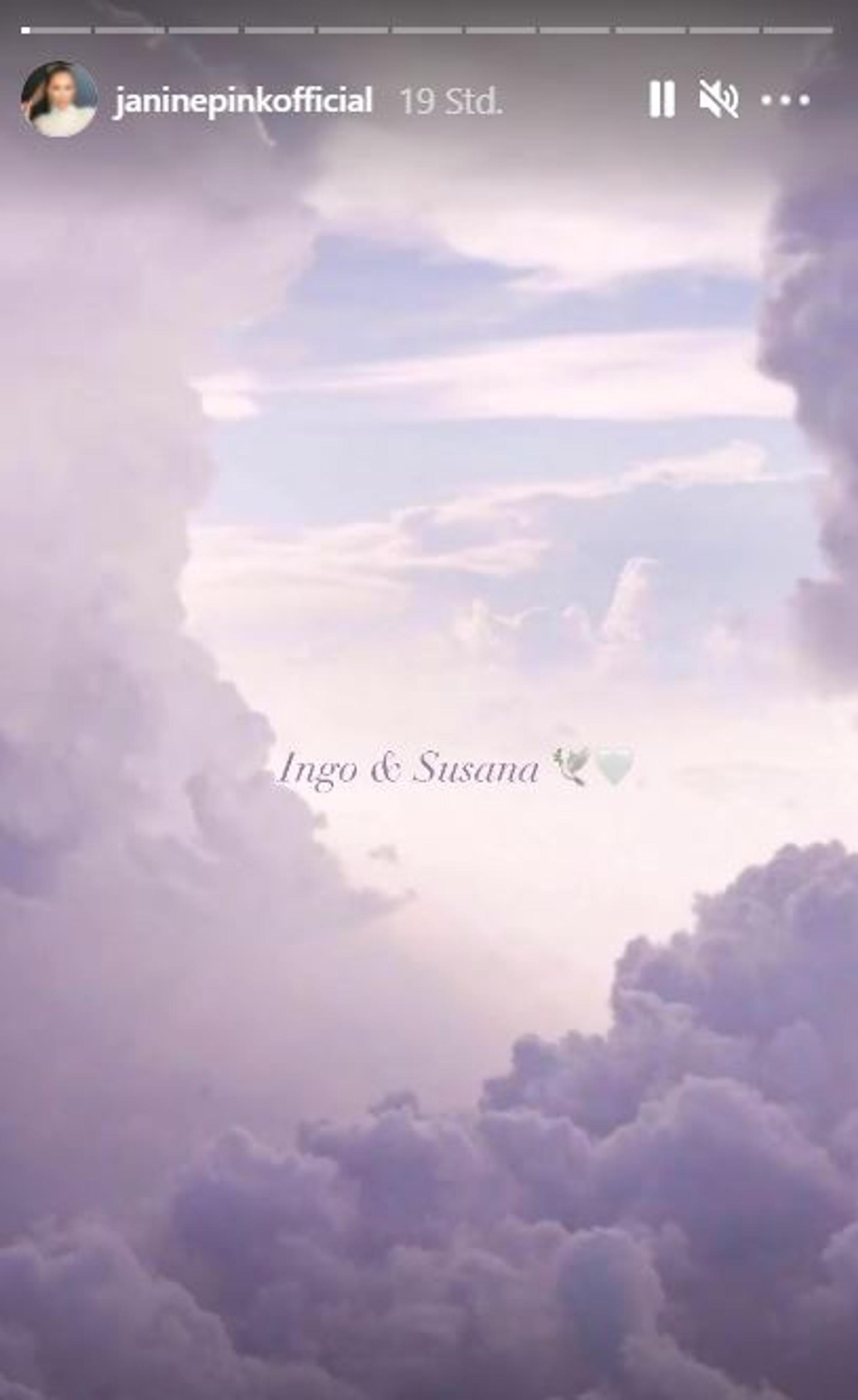 Auf einen Bild von Wolken stehen die Namen Ingo & Suzana. Janine Pink postete das Bild in ihrer Insta-Story vom 16. August 2021 im Gedenken an Ingo und Suzana Kantorek.