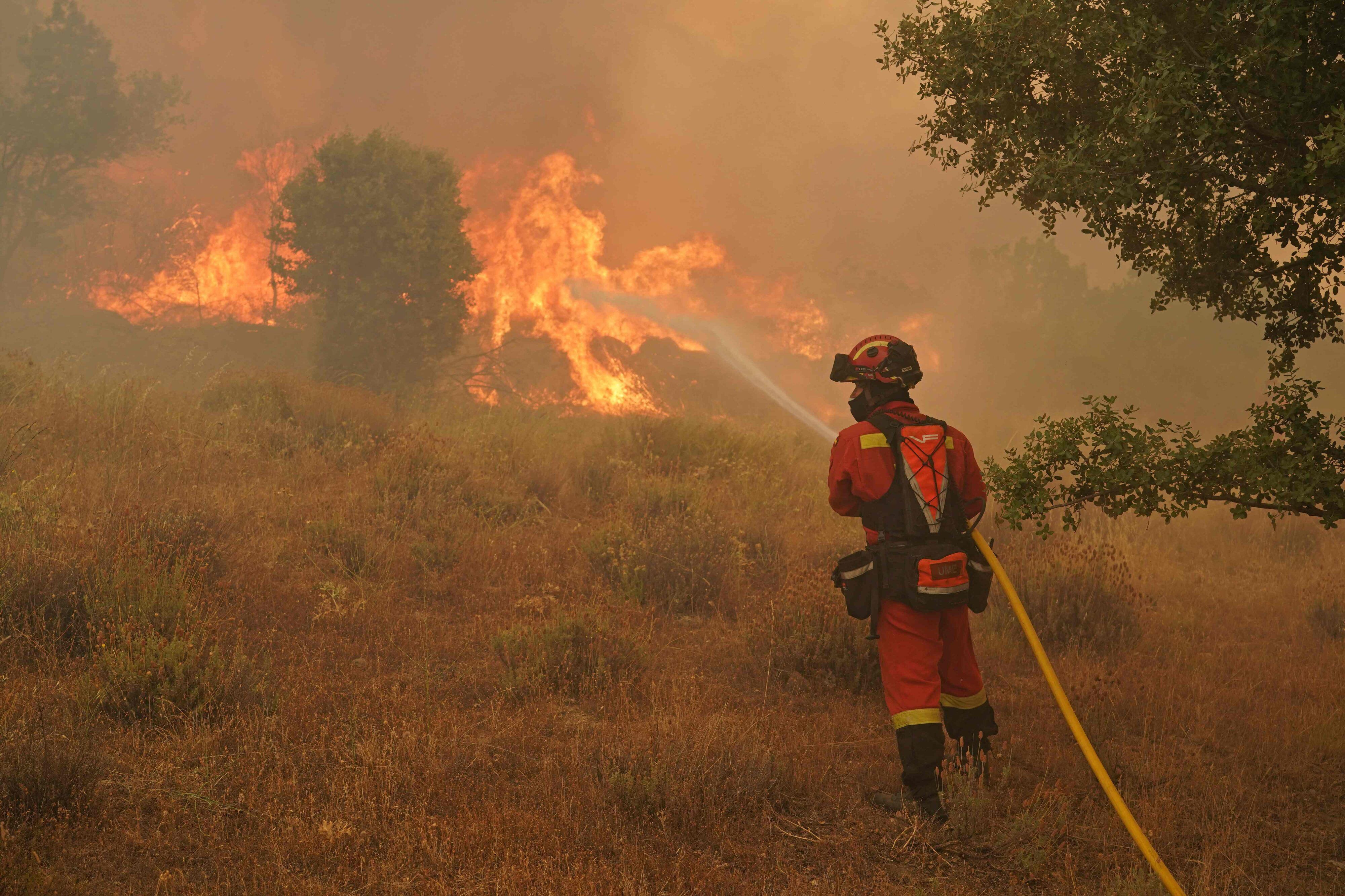 Ein Feuerwehrmann löscht in Spanien Waldbrände in der Region Ávila.