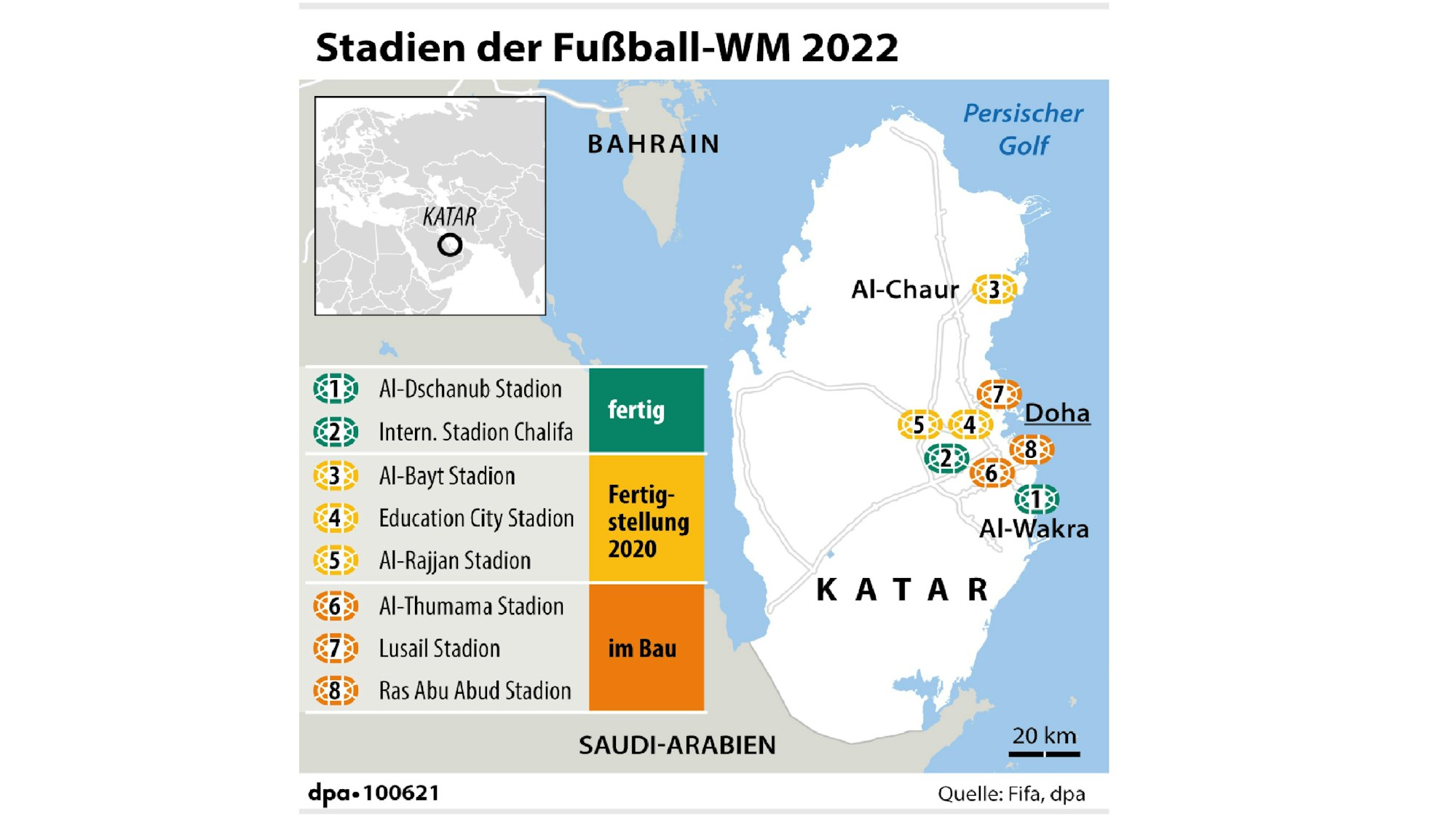 Eine Karte zeigt die Verteilung der acht Stadien auf der Karte von Katar.