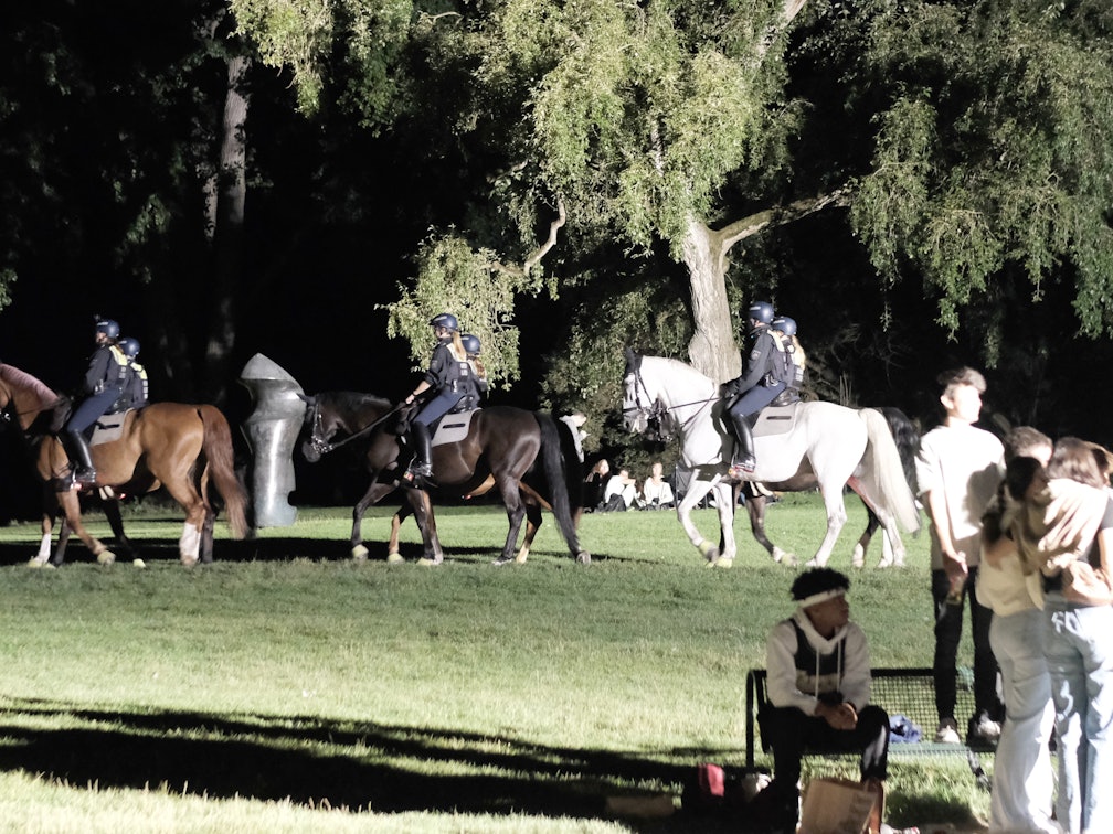 Polizisten auf Pferden reiten über die Grünfläche am Aachener Weiher.