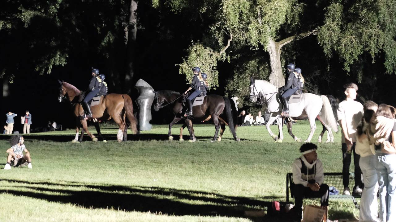 Polizisten auf Pferden reiten über die Grünfläche am Aachener Weiher.