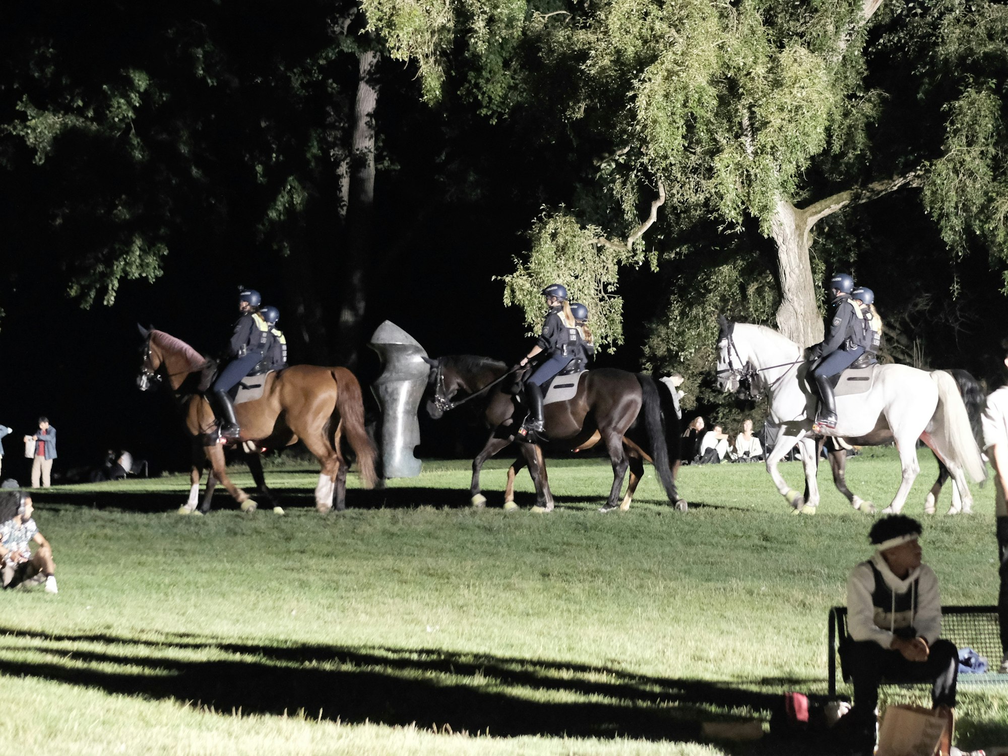 Polizisten auf Pferden reiten über die Grünfläche am Aachener Weiher.