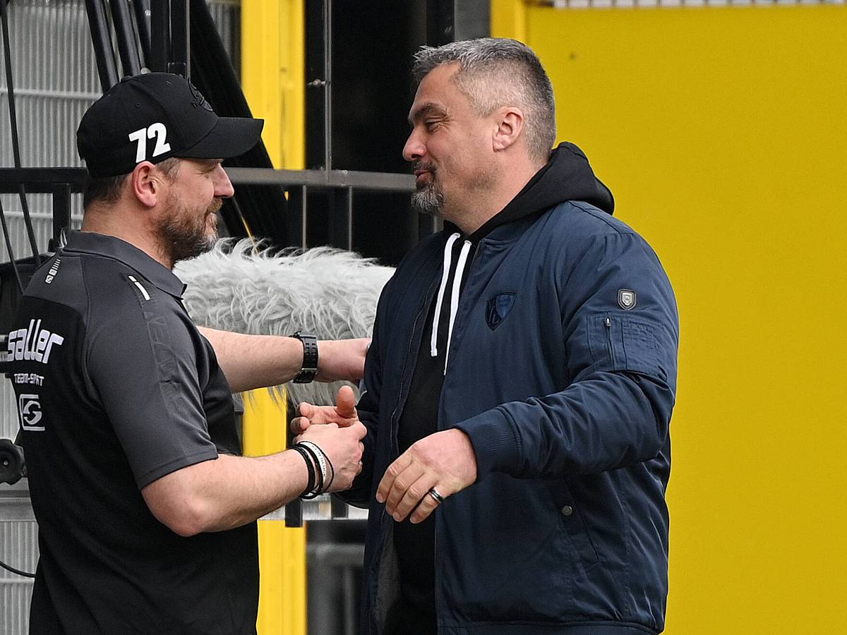 Steffen Baumgart als Paderborn-Trainer und Trainer Thomas Reis klatschen sich ab.
