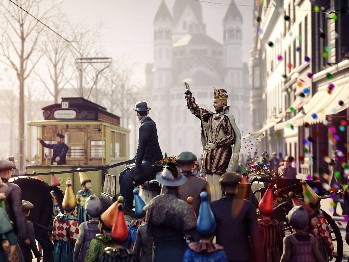 Menschen feiern Karneval in einem VR-Film und werfen Konfetti.