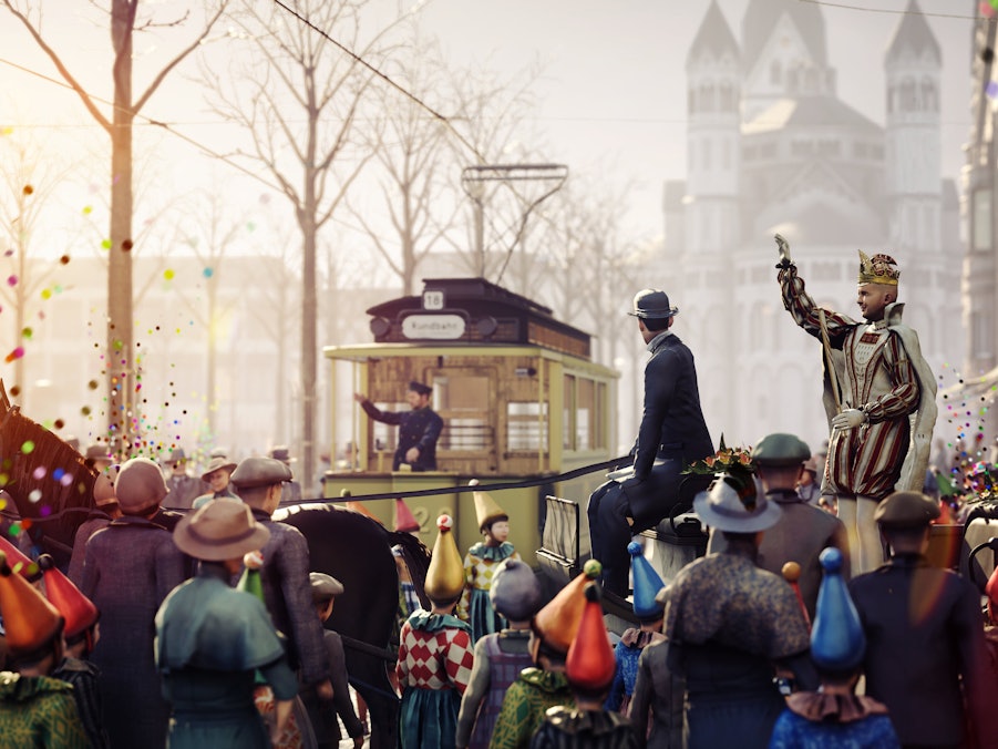 Menschen feiern Karneval in einem VR-Film und werfen Konfetti.