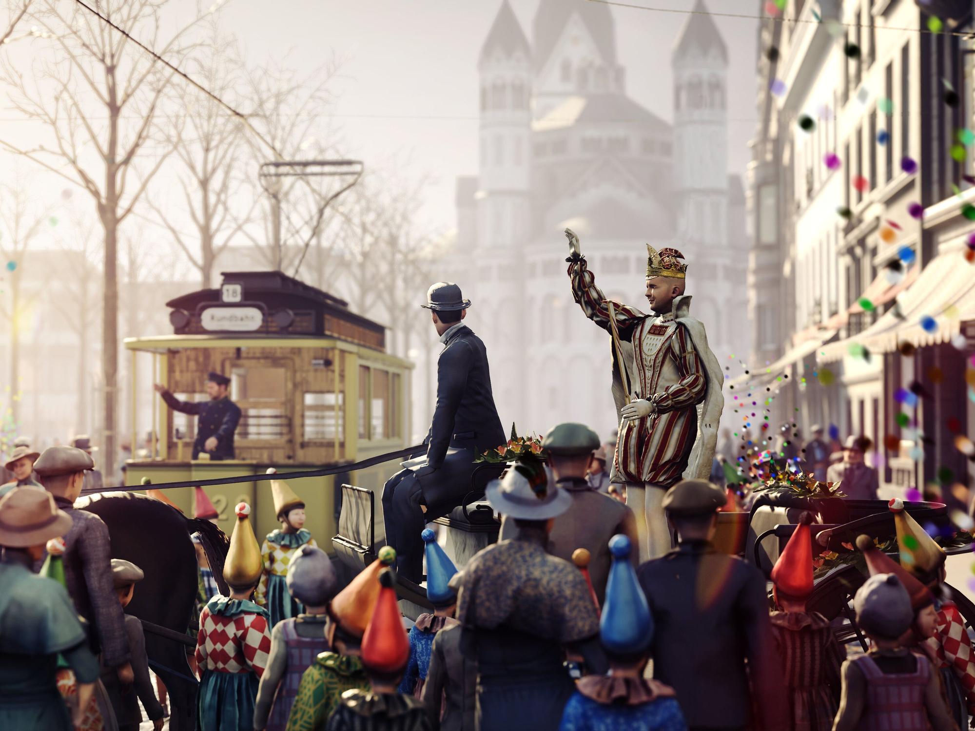 Menschen feiern Karneval in einem VR-Film und werfen Konfetti.