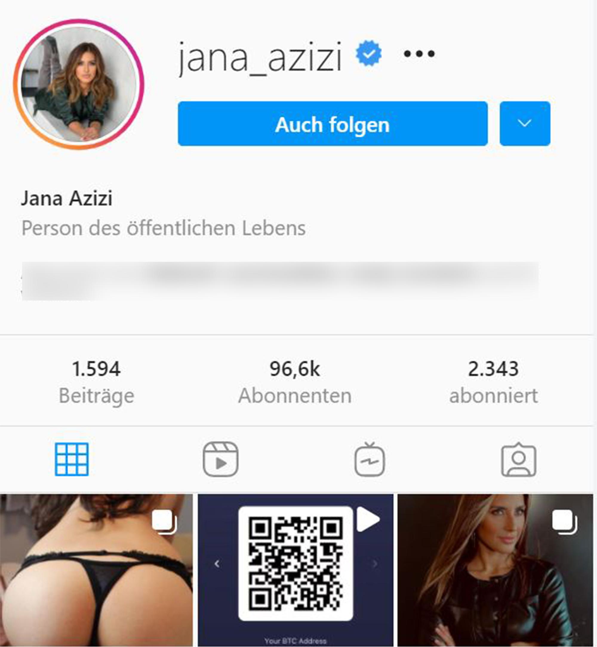 So sah es kurzzeitig auf dem Instagram-Profil von RTL-Moderatorin Jana Azizi aus, nachdem Hacker ihren Instagram-Account gekapert hatten. Sie teilten ein Po-Foto, das nicht von der Moderatorin stammt und stellten eine Geldforderung mittels eines QR-Codes. Die Beiträge wurden mittlerweile wieder gelöscht.
