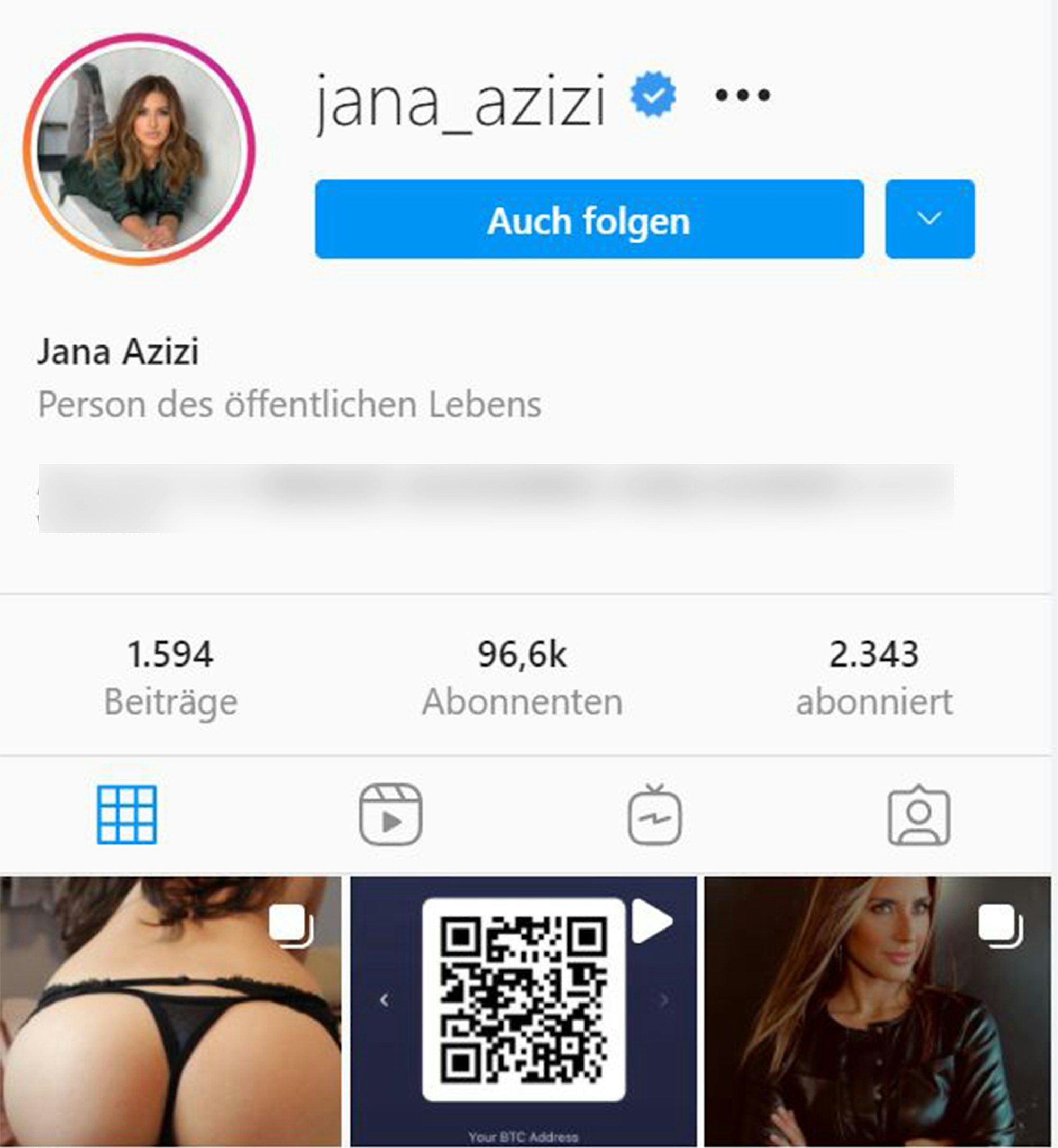 So sah es kurzzeitig auf dem Instagram-Profil von RTL-Moderatorin Jana Azizi aus, nachdem Hacker ihren Instagram-Account gekapert hatten. Sie teilten ein Po-Foto, das nicht von der Moderatorin stammt und stellten eine Geldforderung mittels eines QR-Codes. Die Beiträge wurden mittlerweile wieder gelöscht.