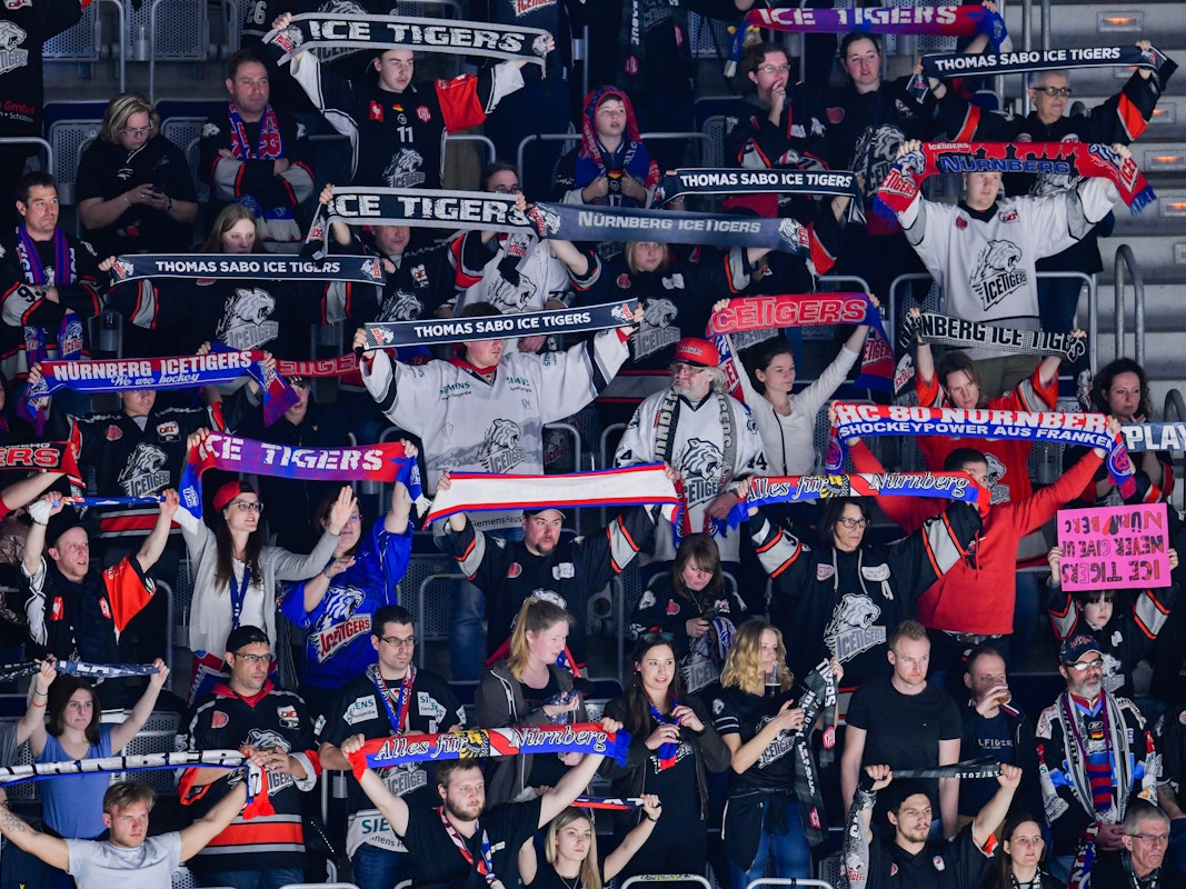 Fans der Nürnberg Ice Tigers halten ihre Schals in die Luft