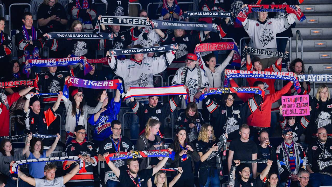 Fans der Nürnberg Ice Tigers halten ihre Schals in die Luft