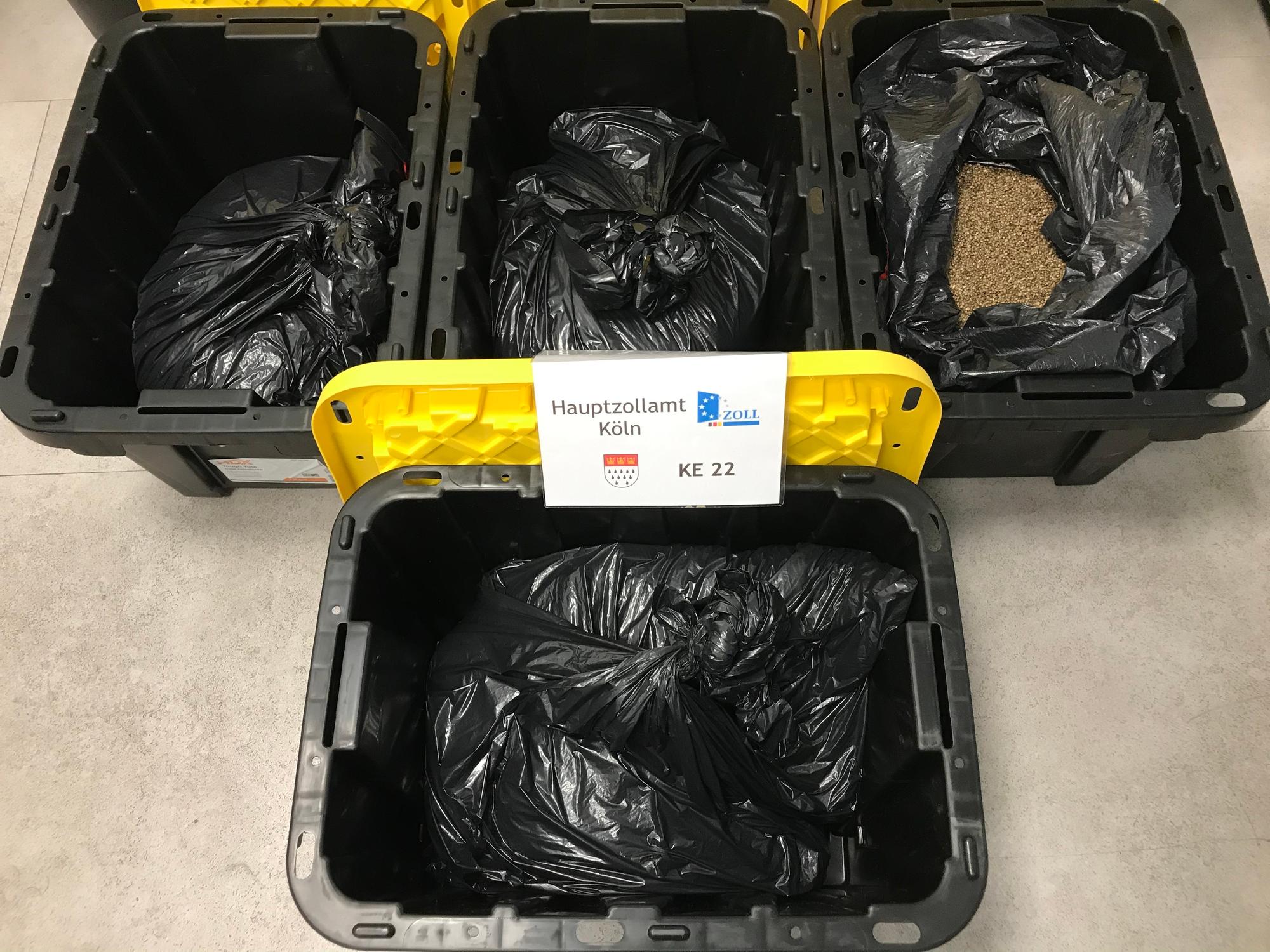 In vier schwarzen Transportboxen befinden sich schwarze Müllsäcke mit den Cannabissamen.