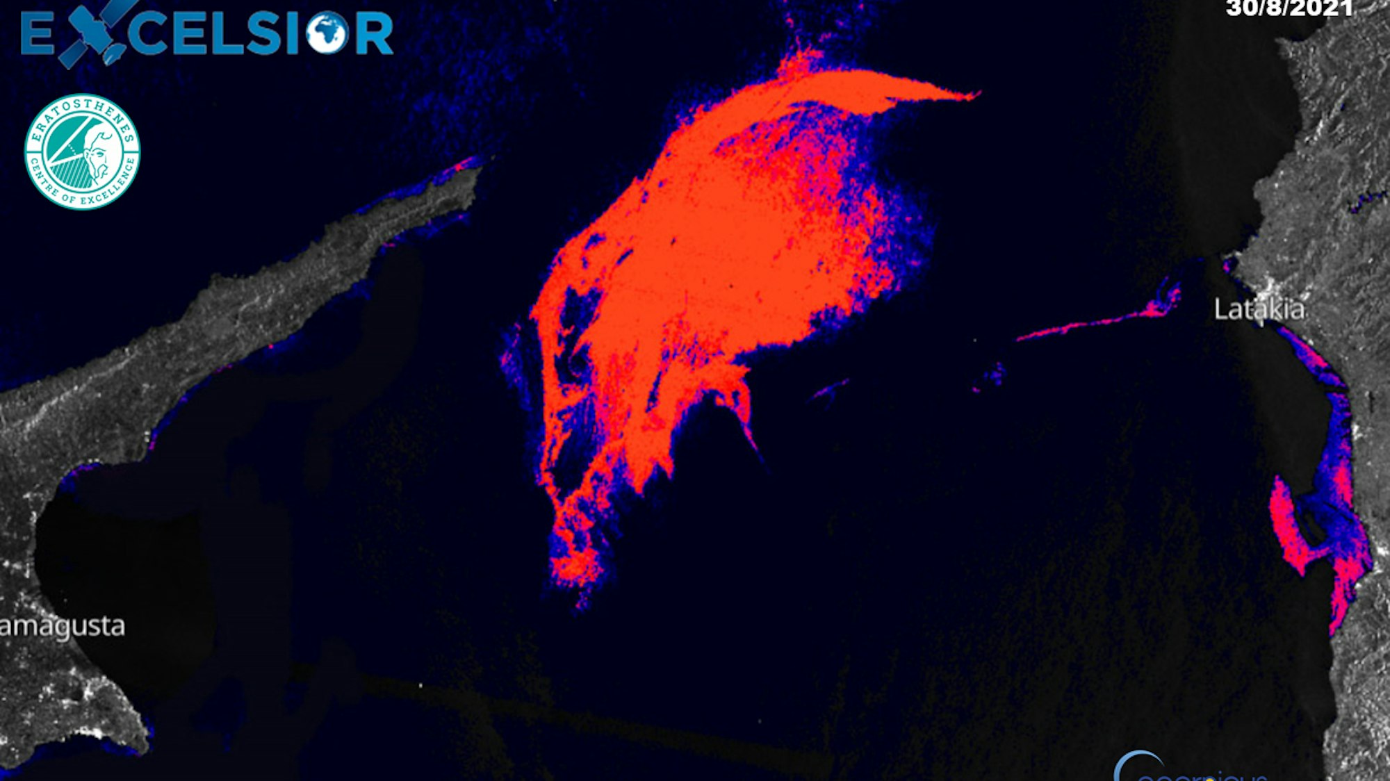 Ein riesiger Ölteppich treibt derzeit östlich der Mittelmeerinsel Zypern. Das Satellitenbild zeigt in Rot den Ölteppich zwischen Syrien (r.) und Zypern (l.)