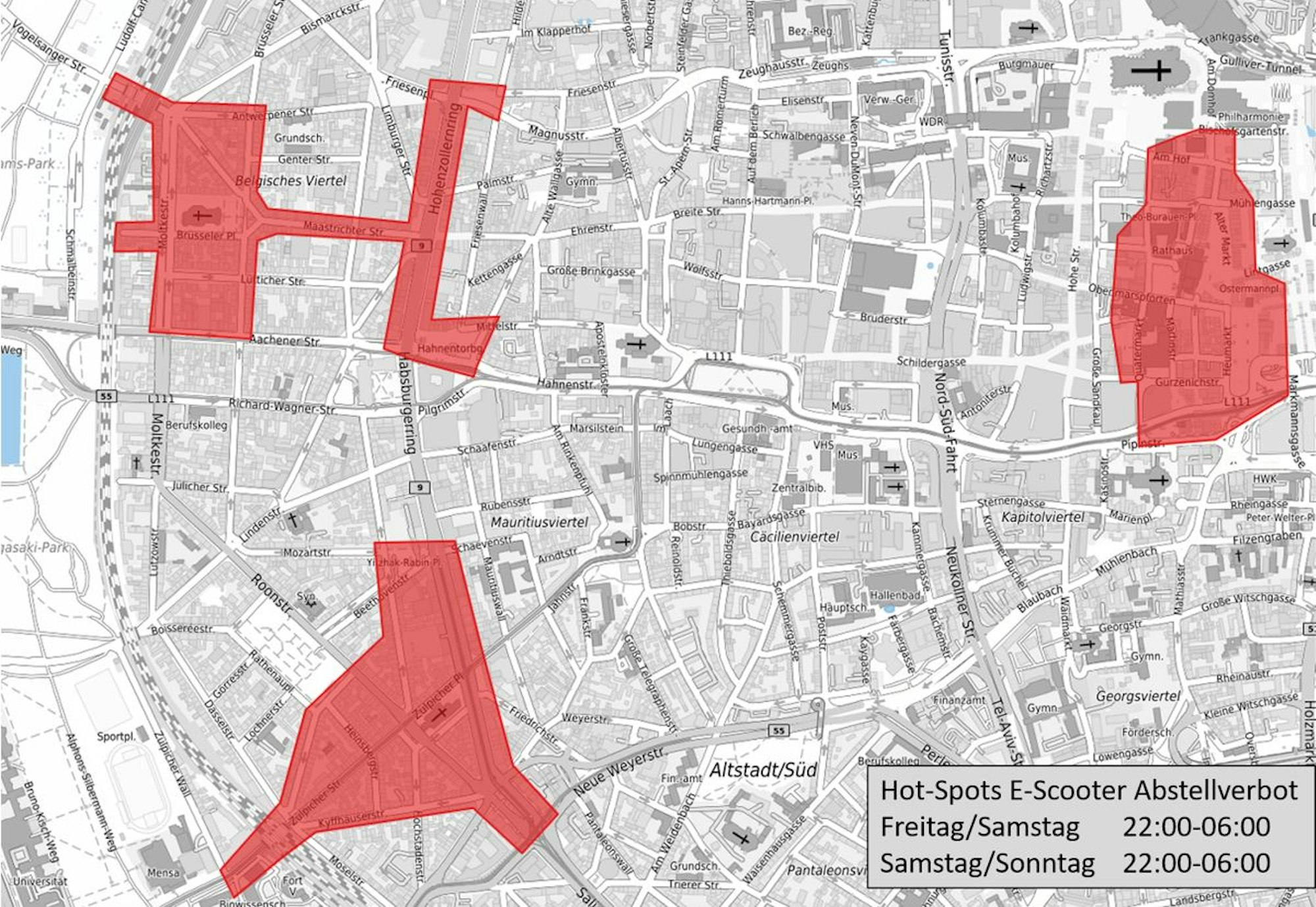 Grafik zu den Abstellverboten am Wochenende für E-Scooter in Köln.