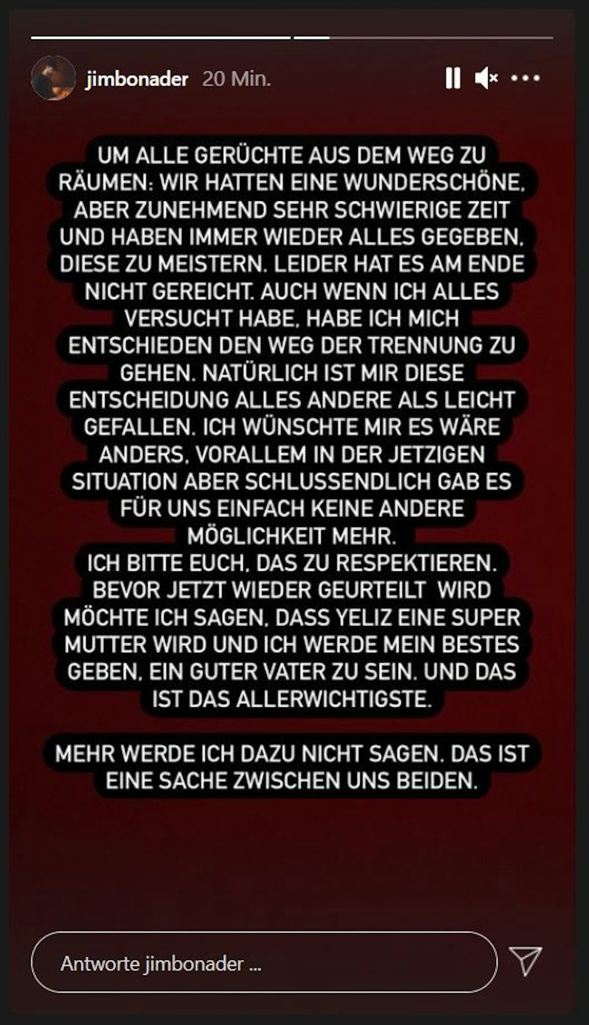 Jimi Blue Ochsenknecht bestätigt Trennung von Yeliz Koc am 1.9.2021 in seiner Instagram-Story