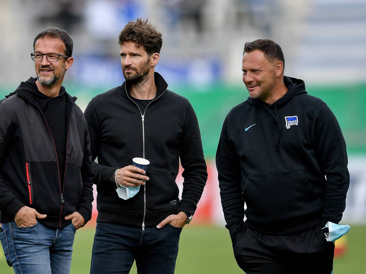 Fredi Bobic, Arne Friedrich und Pal Dardai stehen vor dem Spiel auf dem Platz.