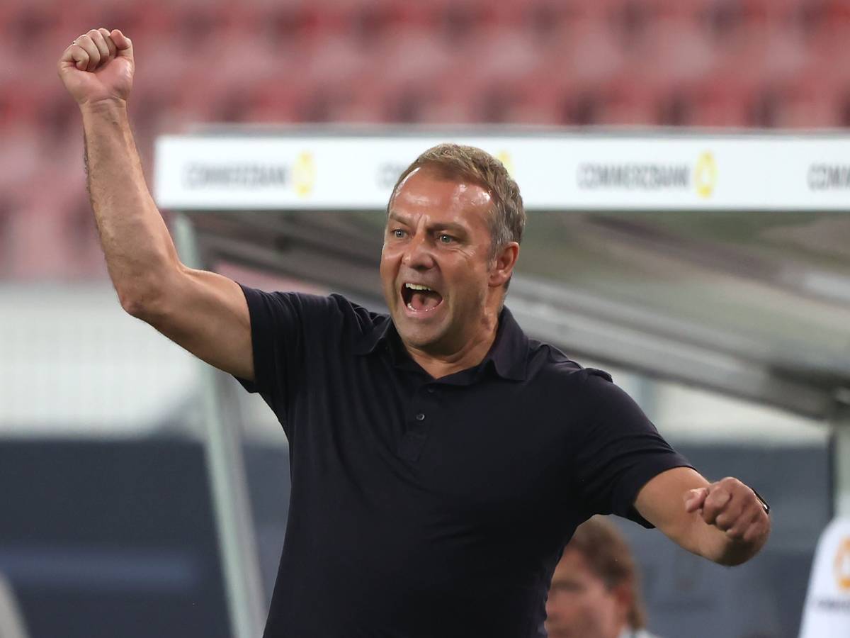 Bundestrainer Hansi Flick jubelt nach einem Tor seiner Mannschaft.