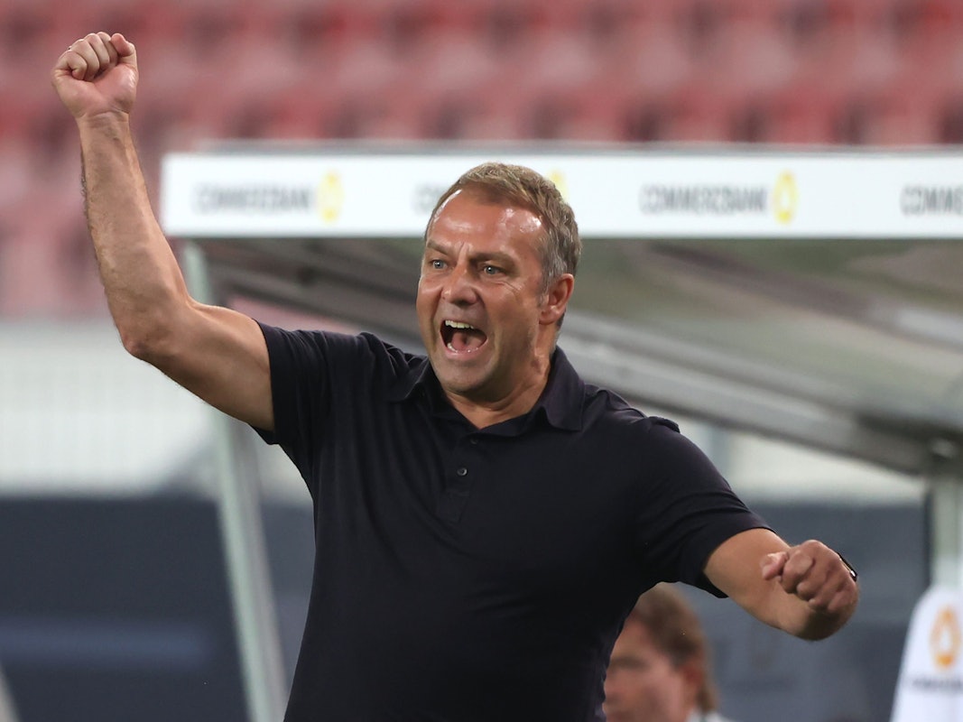 Bundestrainer Hansi Flick jubelt nach einem Tor seiner Mannschaft.