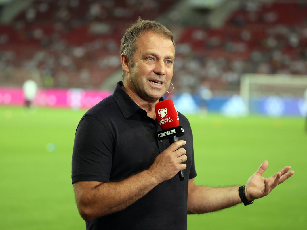 Bundestrainer Hansi Flick gibt ein Interview vor dem Spiel.