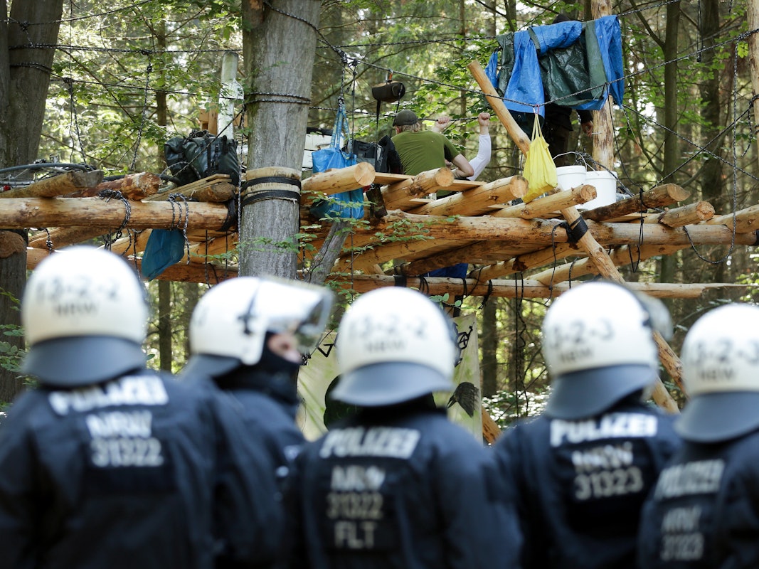 Polizisten stehen im Hambacher Forst vor einer Plattform zwischen Bäumen.